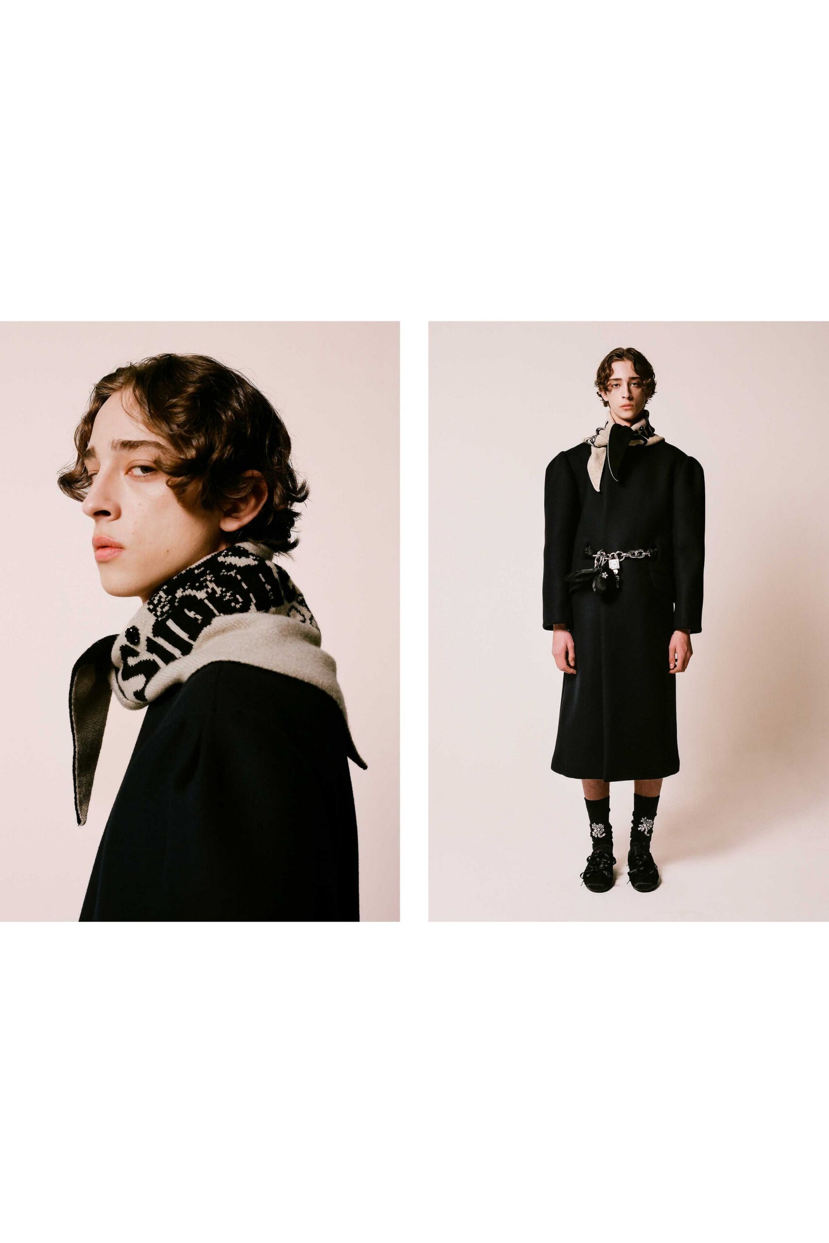 black wool long-sleeve collared structured buttoned midi coat