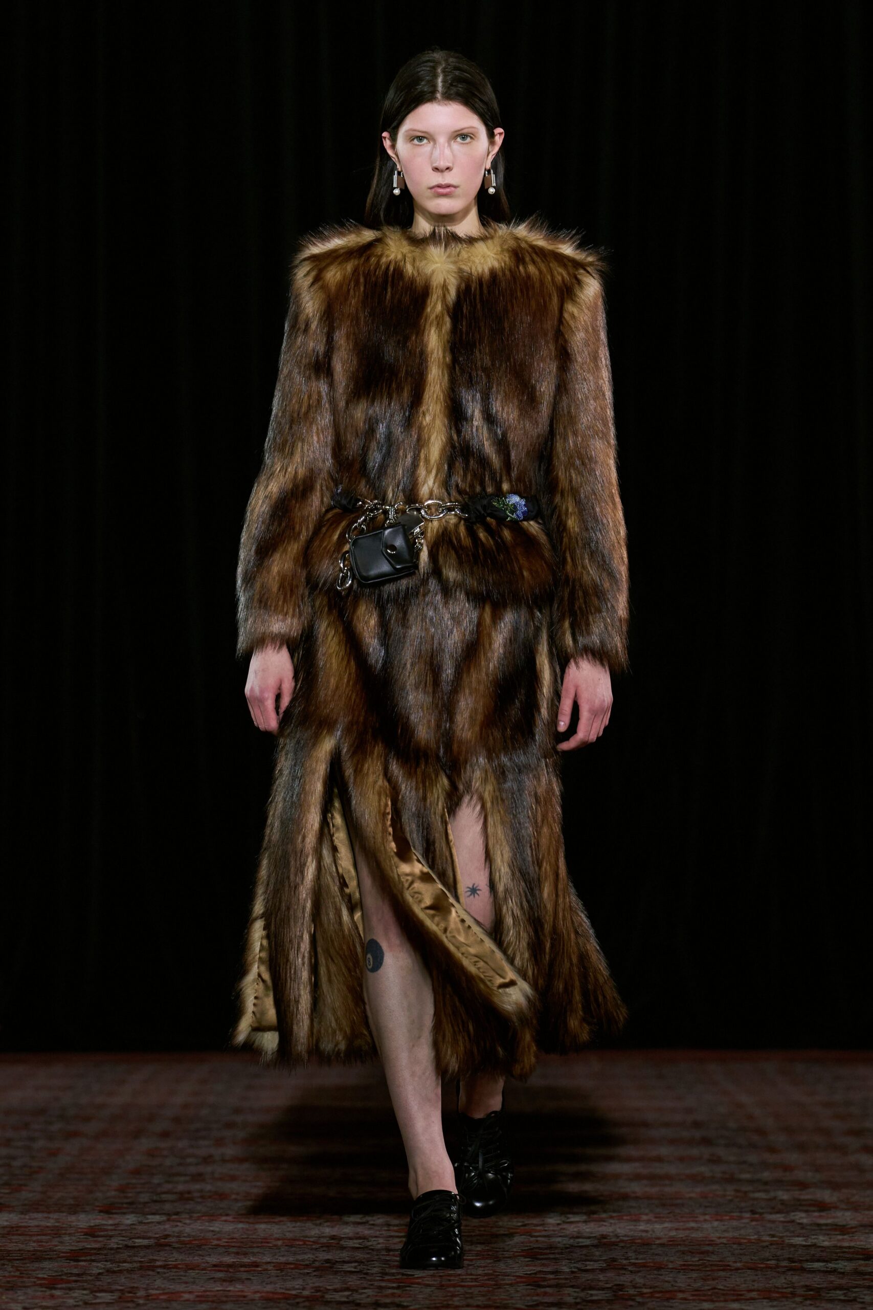 brown fur long-sleeve v-neck fitted layered midi dress