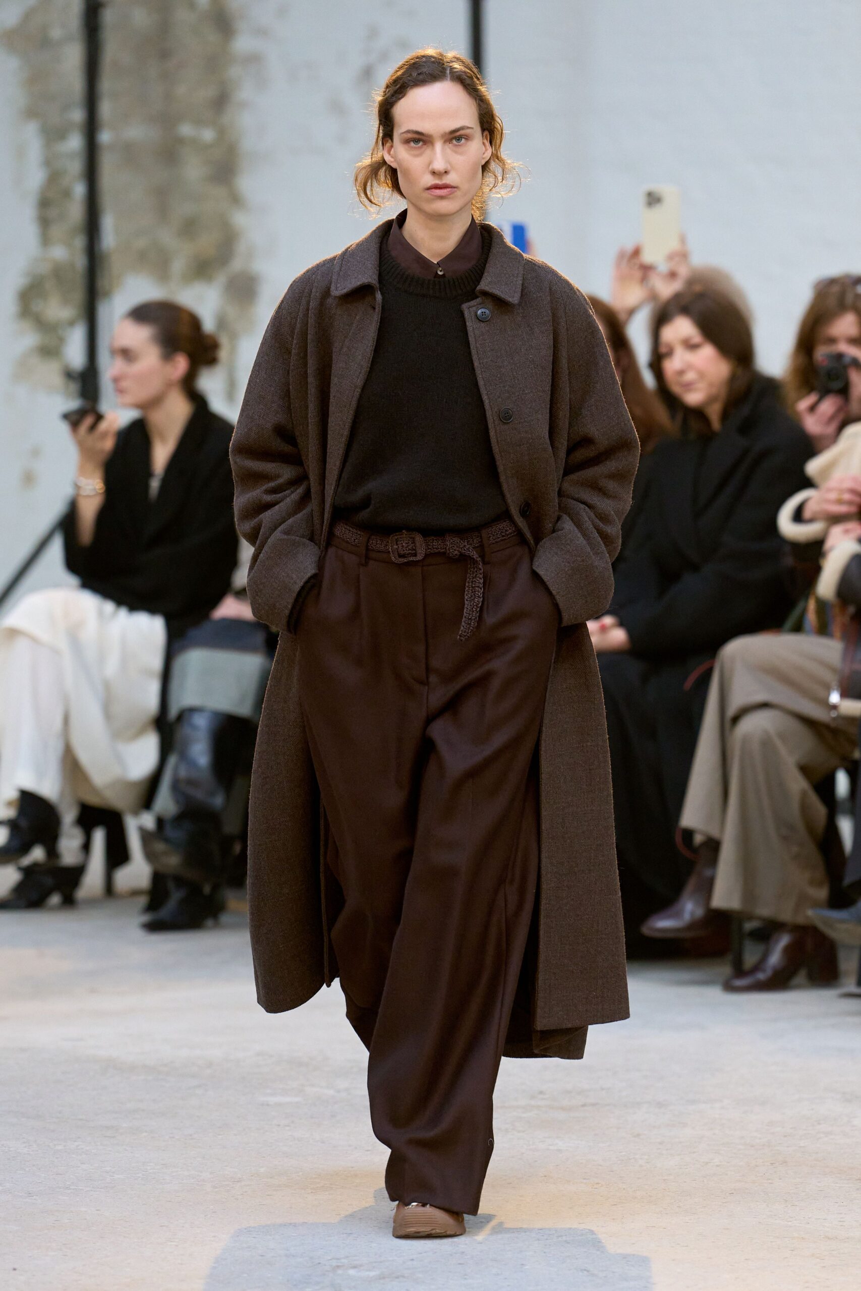 brown wool coat with black sweater