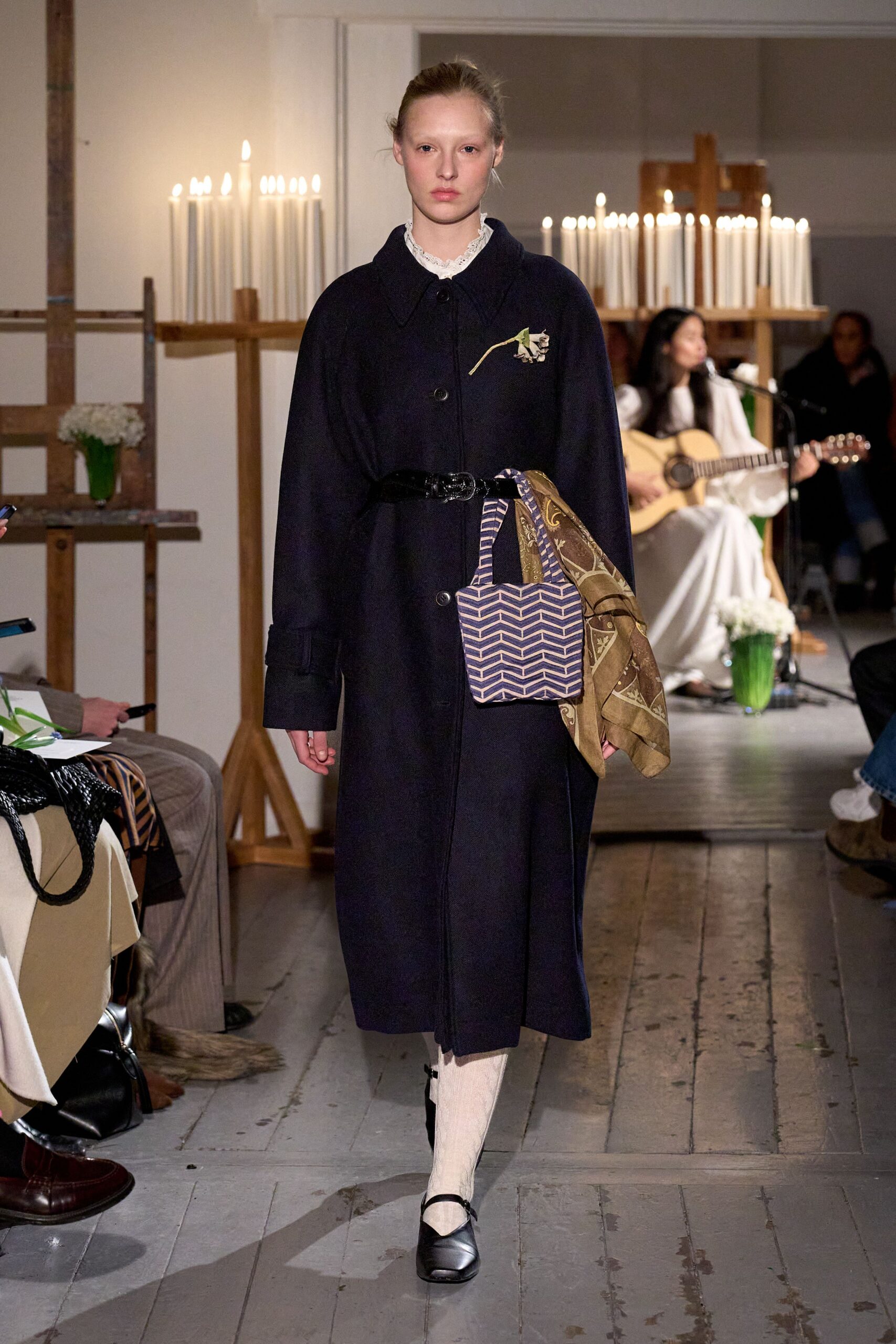 blue wool long-sleeve collared relaxed buttoned pockets coat