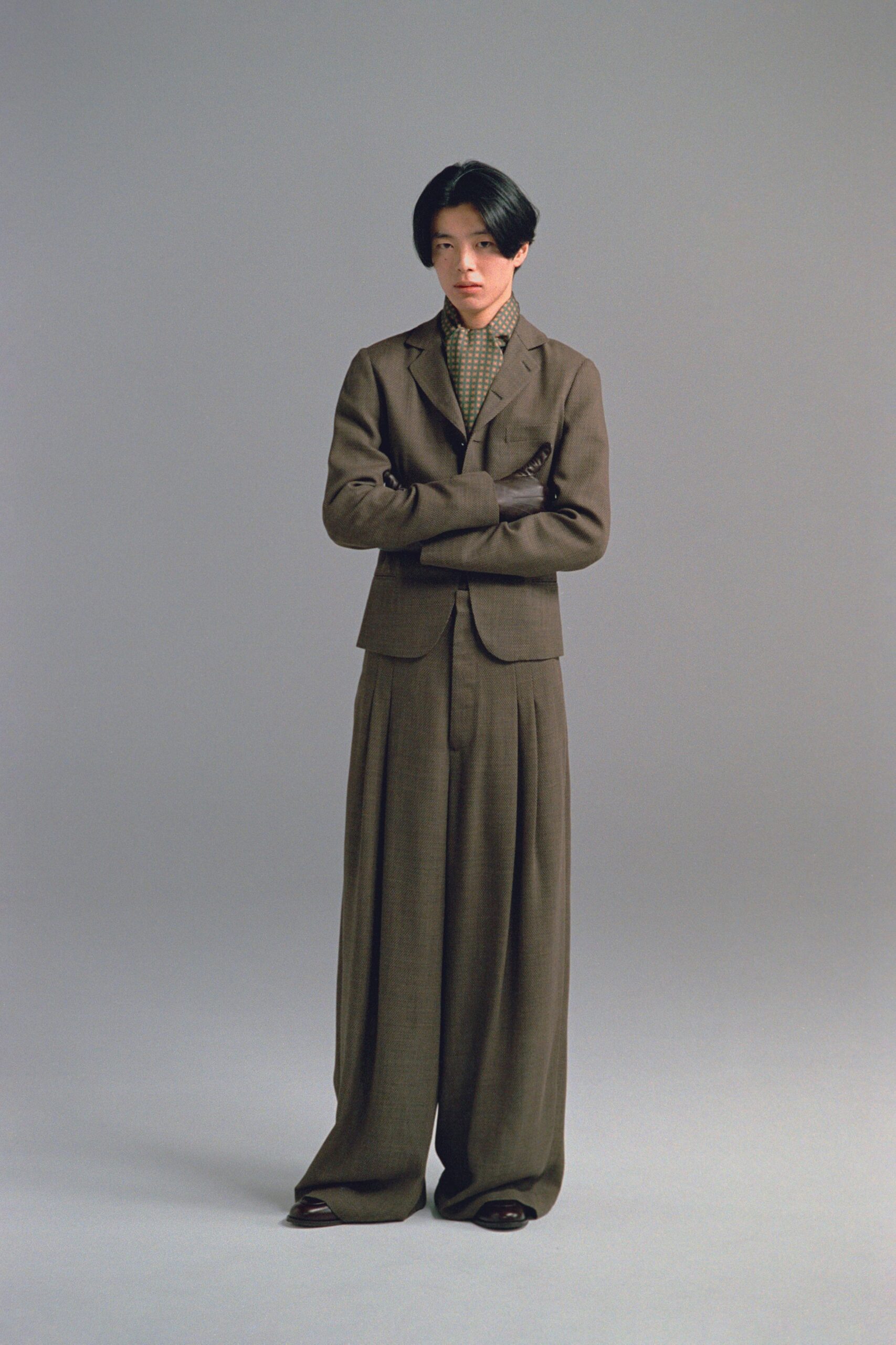 brown tailored suit with shirt