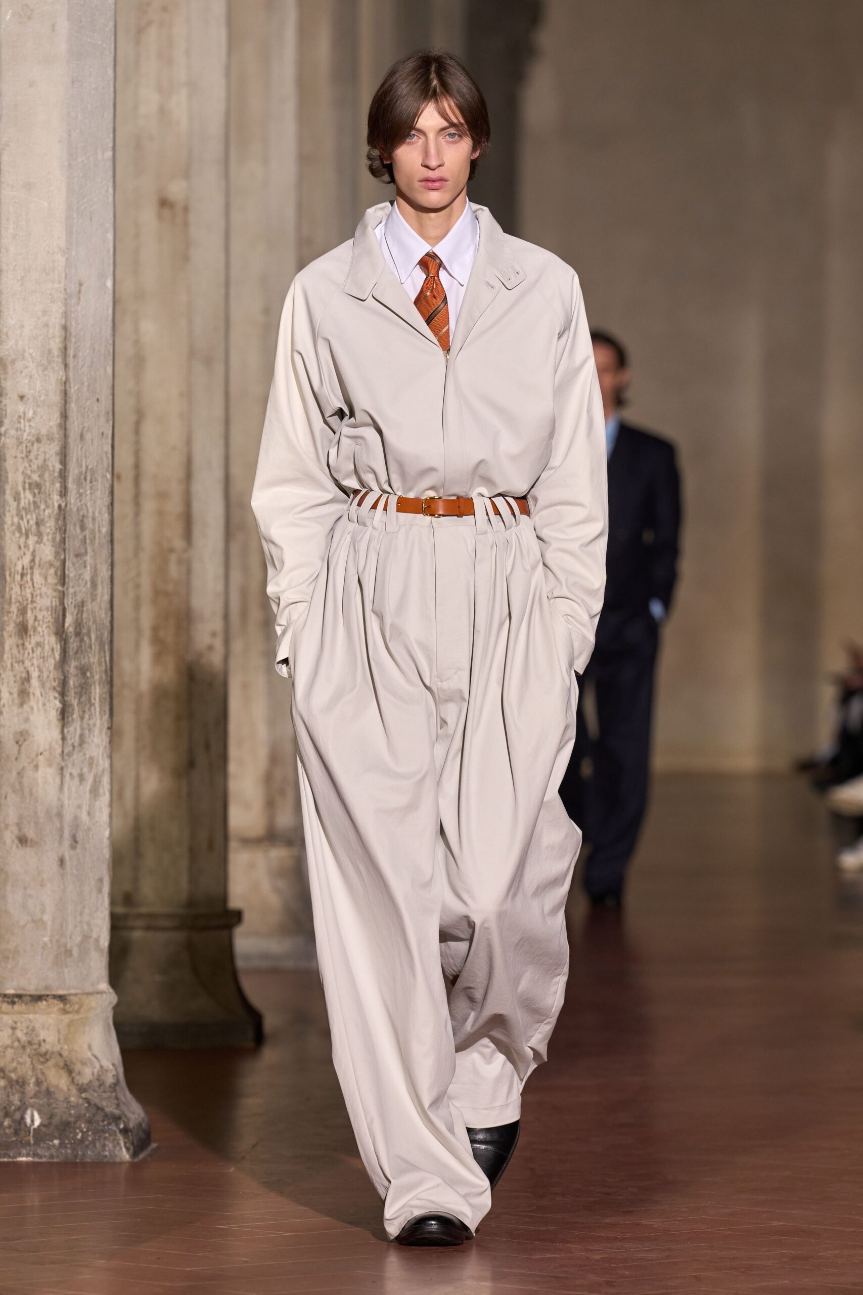 beige cotton long-sleeve collared relaxed zippered pleated jumpsuit