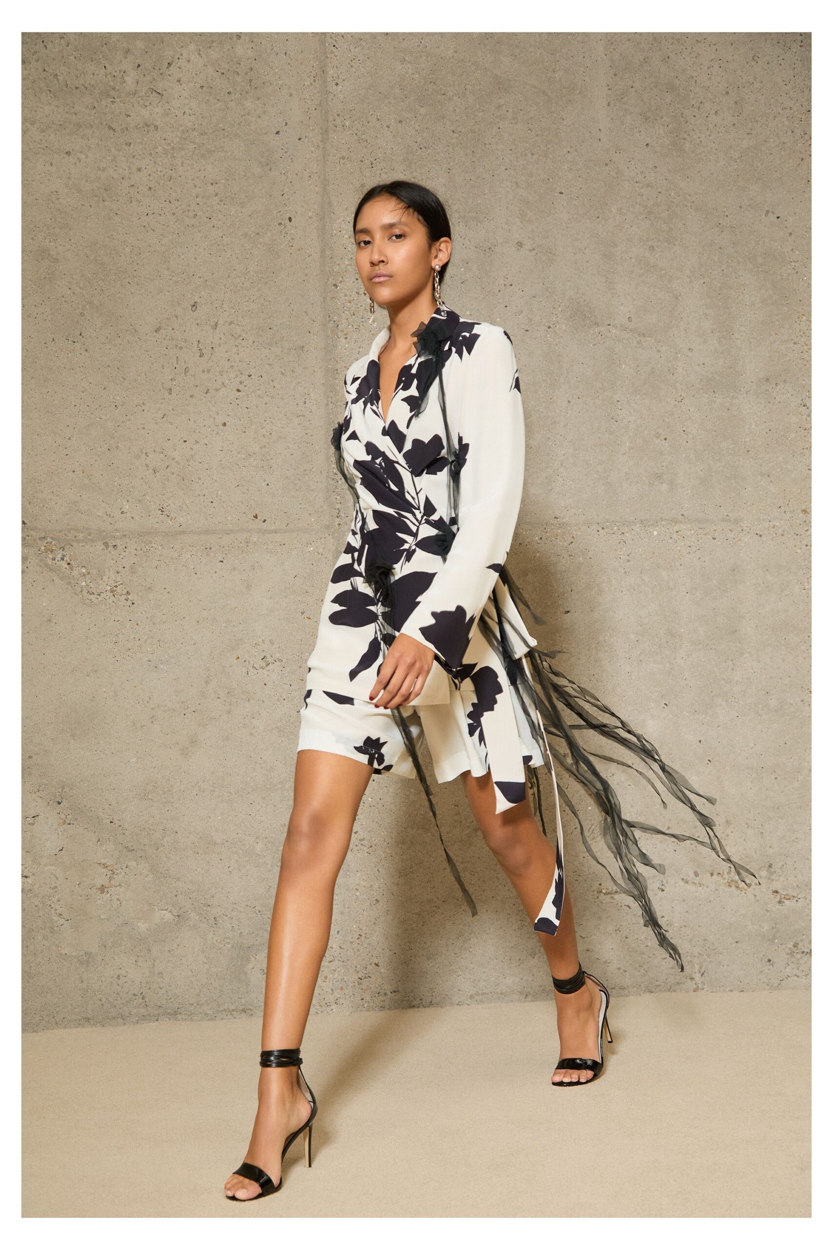 white silk long-sleeve v-neck fitted floral mini dress