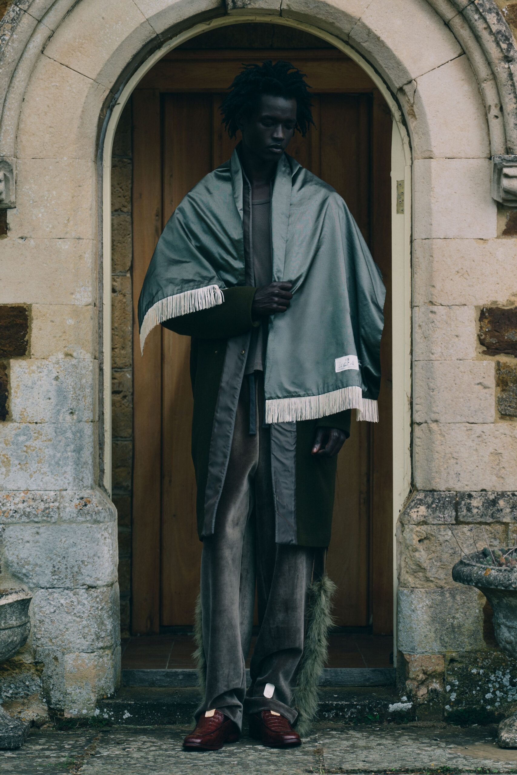 green silk long-sleeve relaxed layered fringed coat