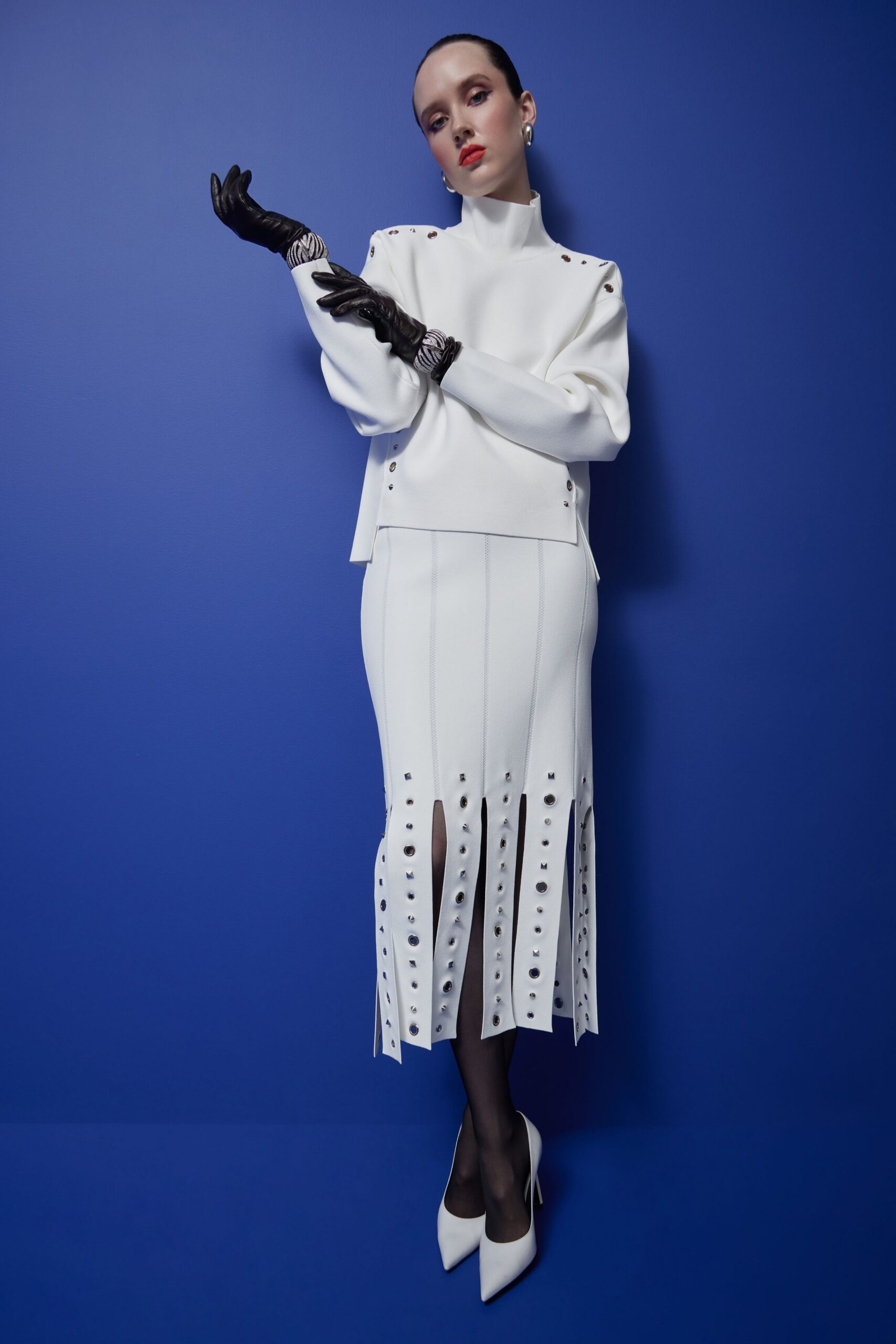 white cotton long-sleeve high-neck fitted buttoned top