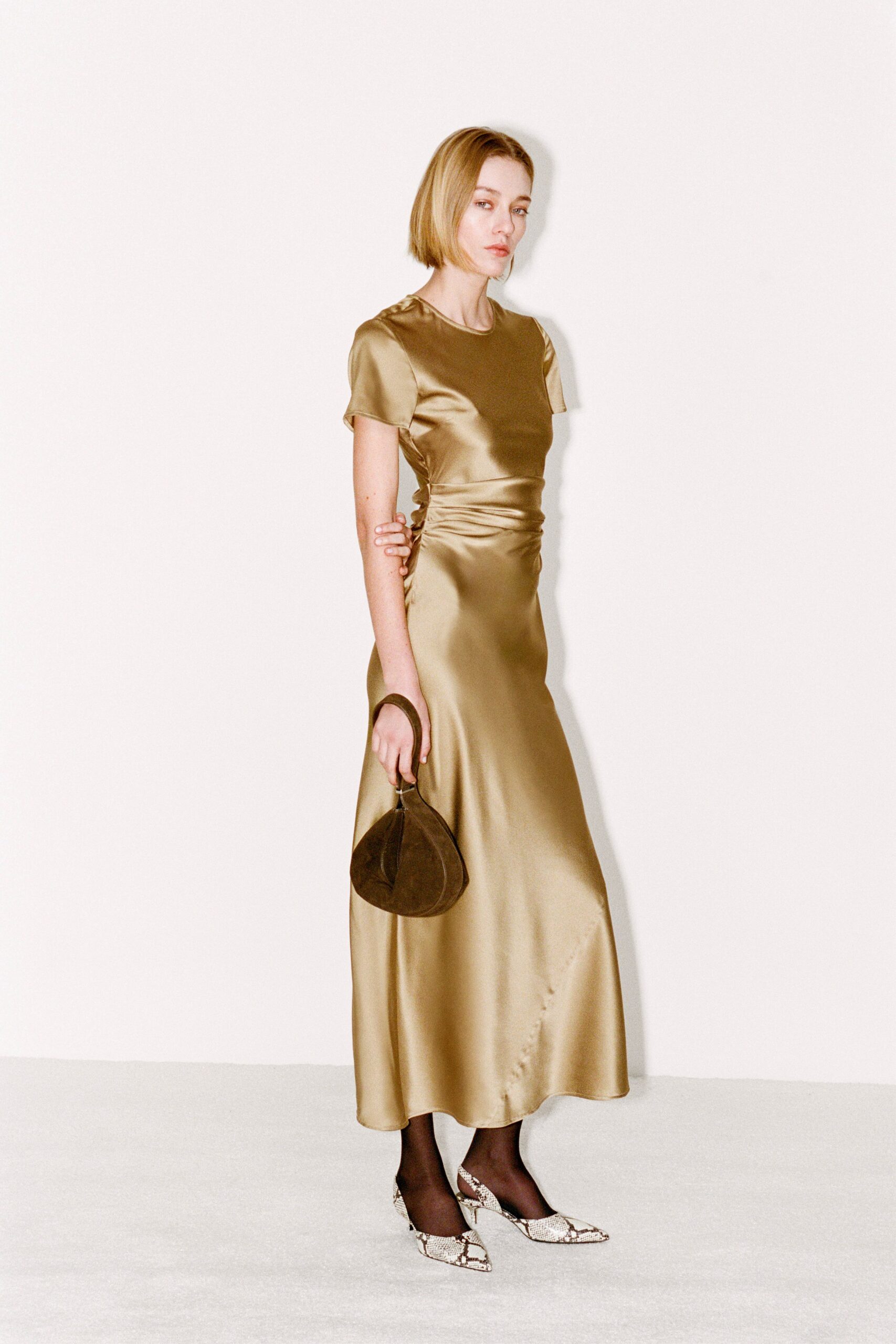 gold satin fitted midi dress