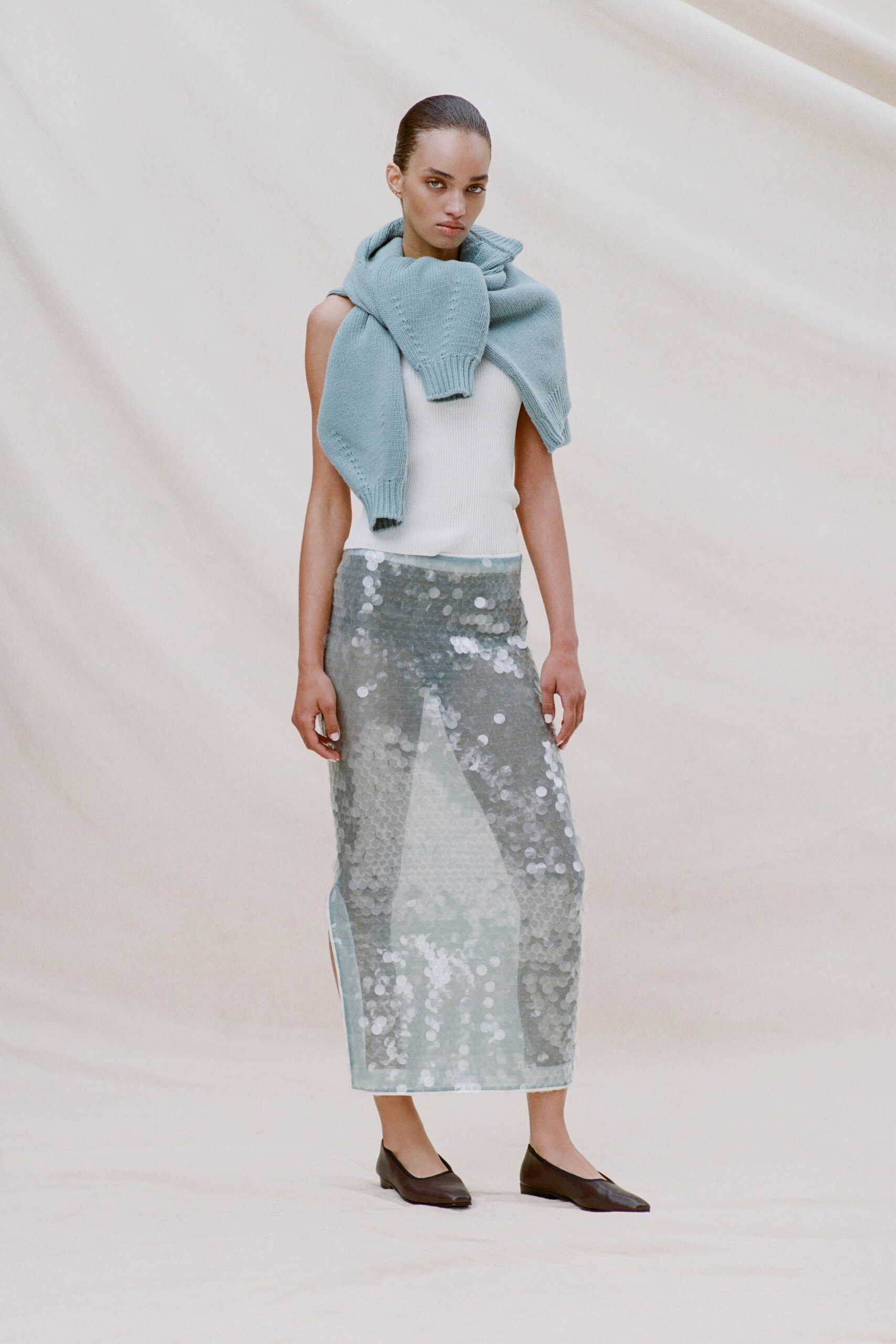 blue sequin long-sleeve slit fitted layered shiny skirt