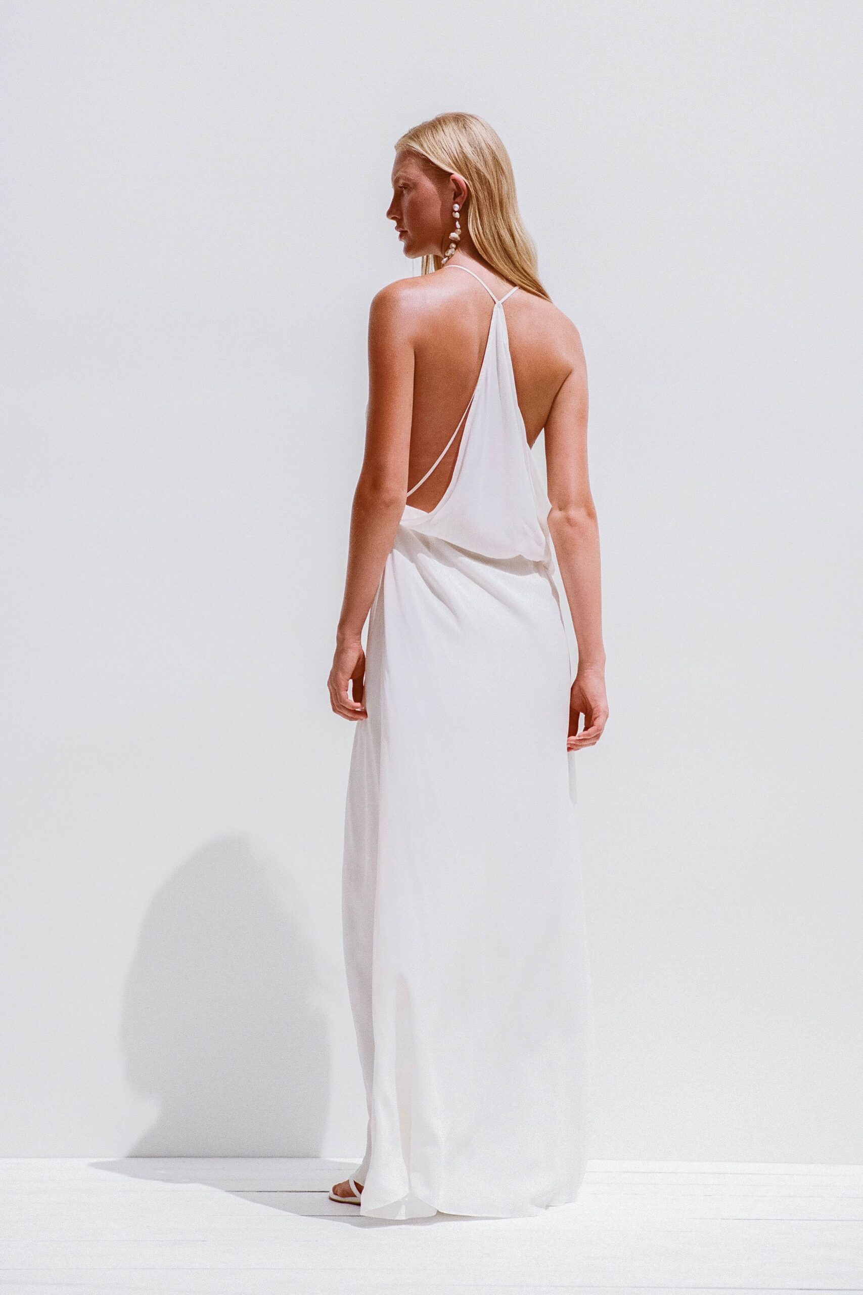 white silk backless gown