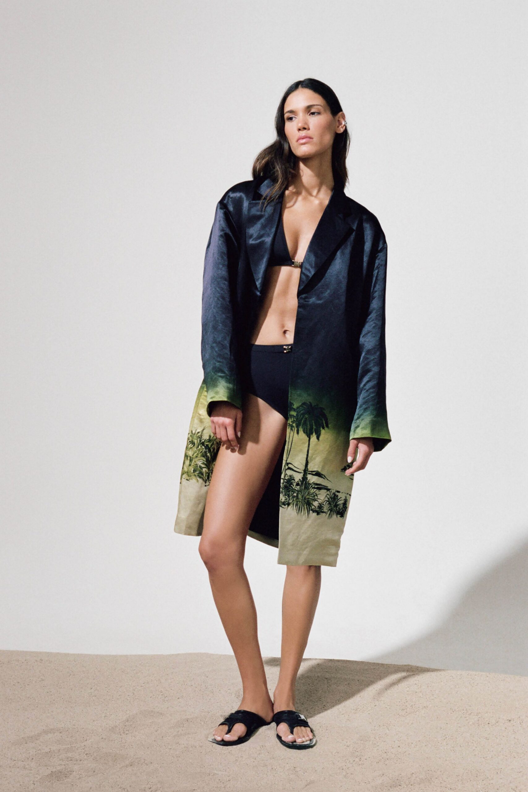 black silk long-sleeve collared relaxed printed draped coat