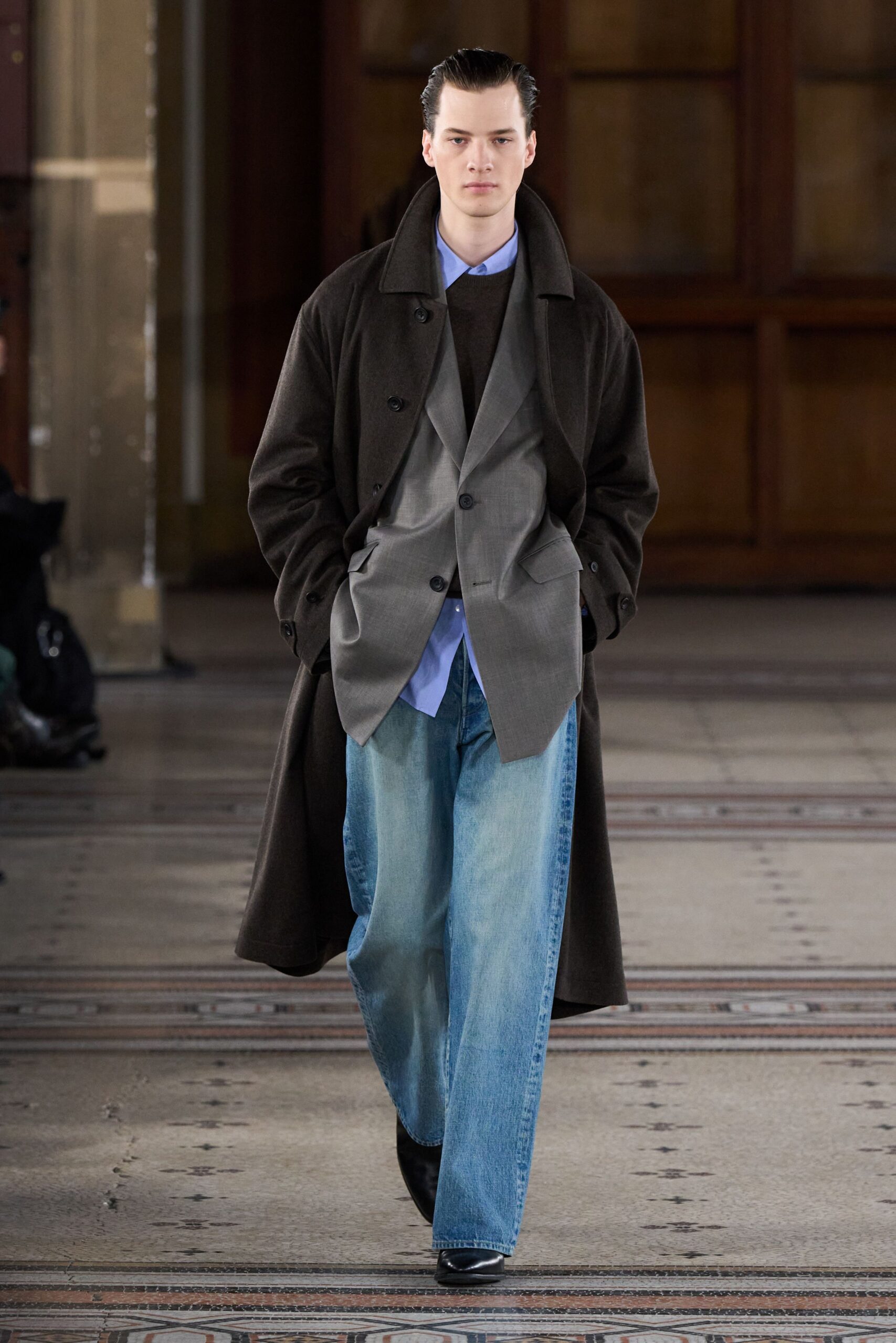 brown wool coat gray blazer blue shirt