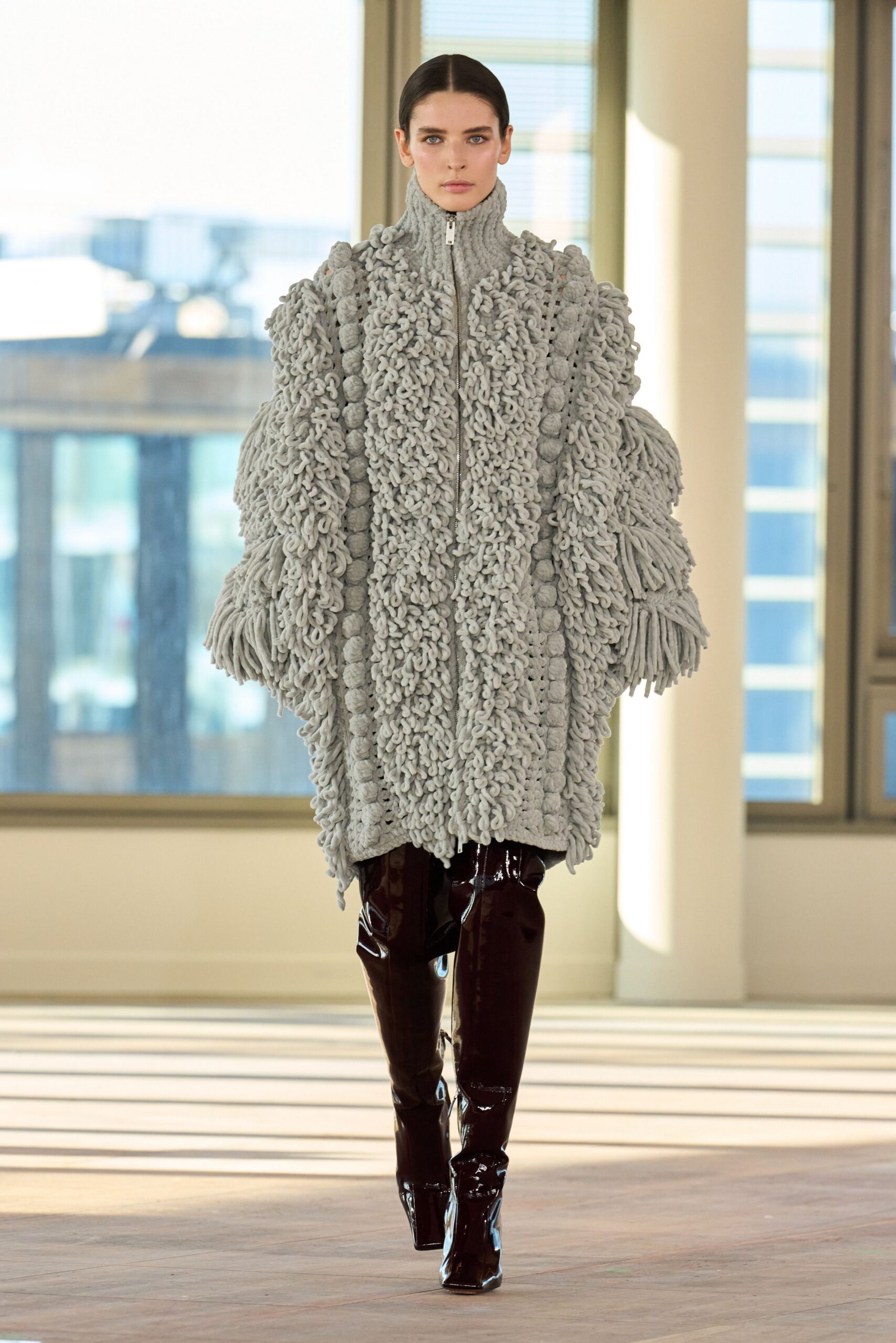gray wool long-sleeve high-neck oversized fringed textured coat