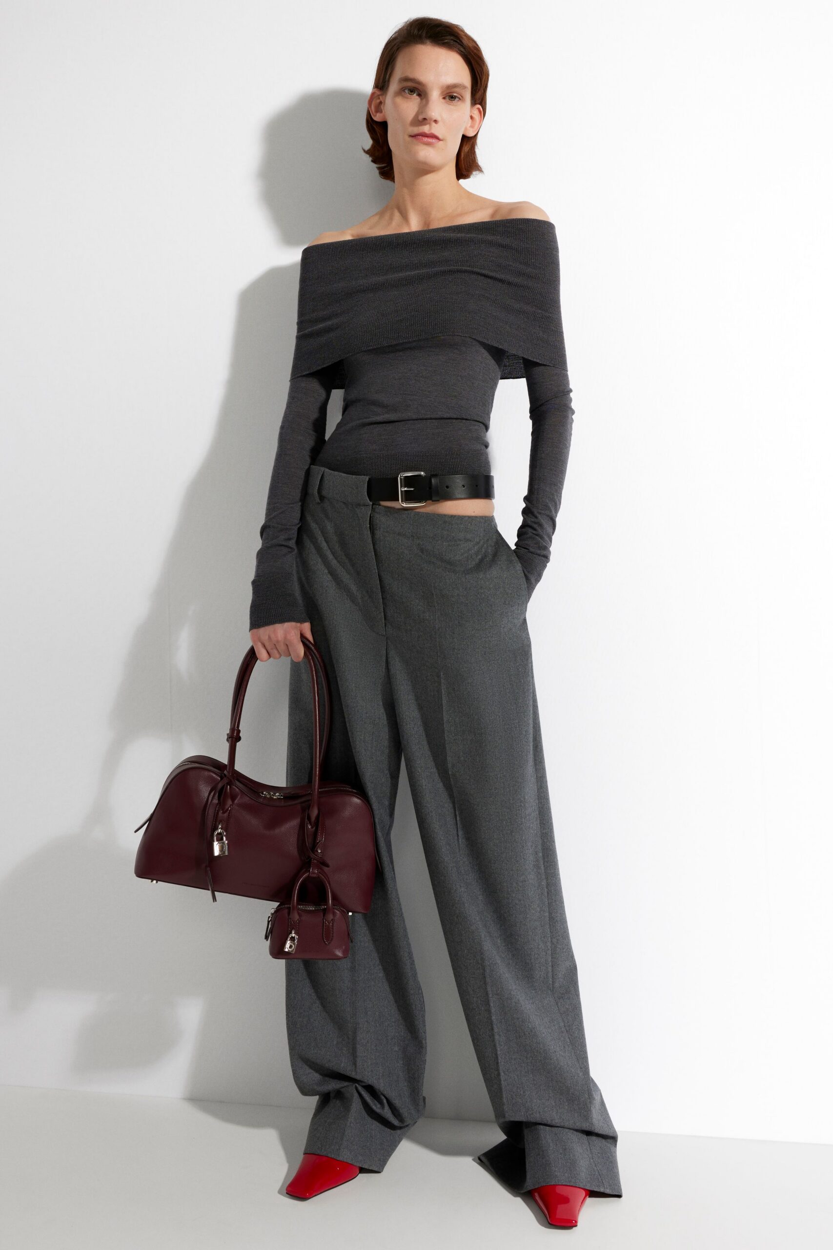 gray cotton long-sleeve off-shoulder fitted draped top