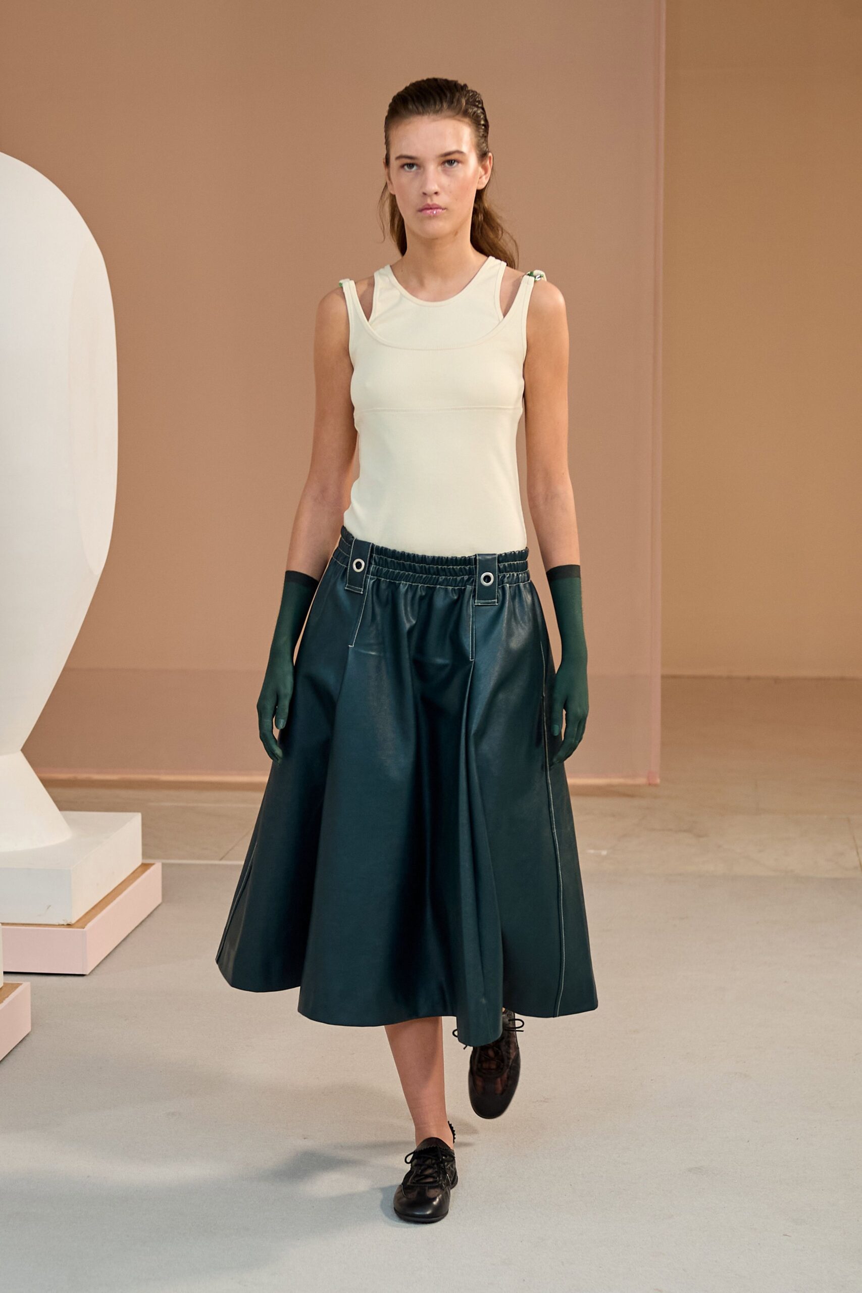 green leather relaxed pleated belted skirt