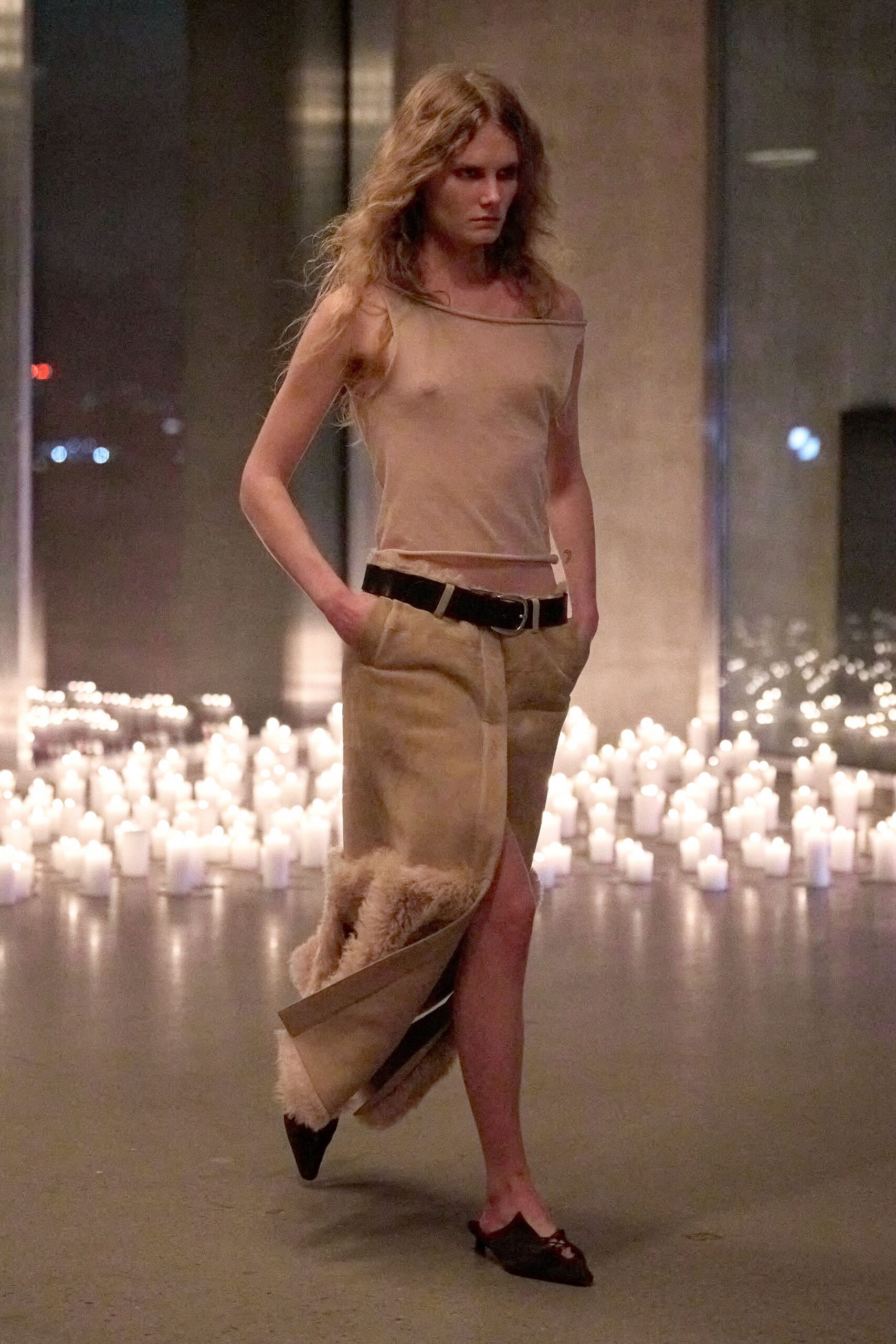 beige cotton slit relaxed high-waisted fringed midi skirt