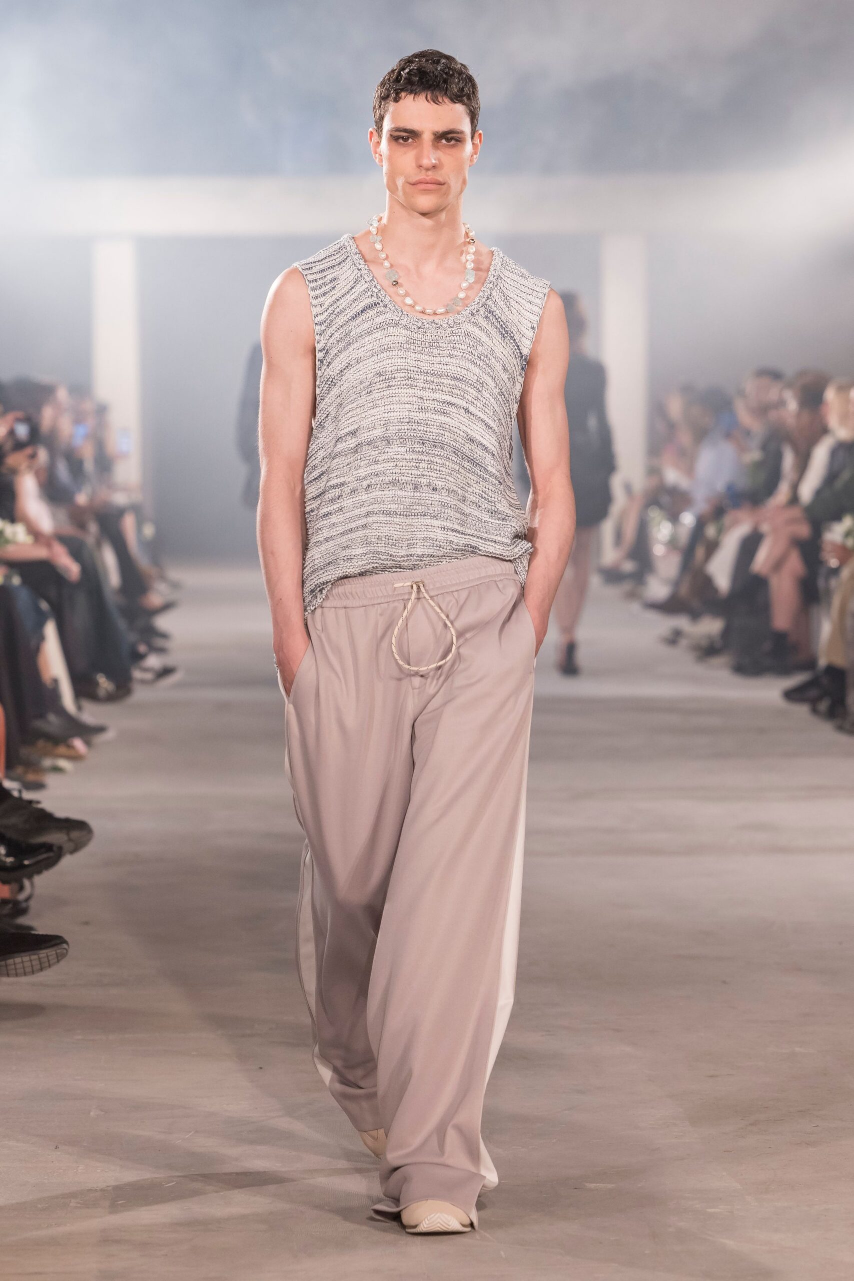 gray tank-top beige pants