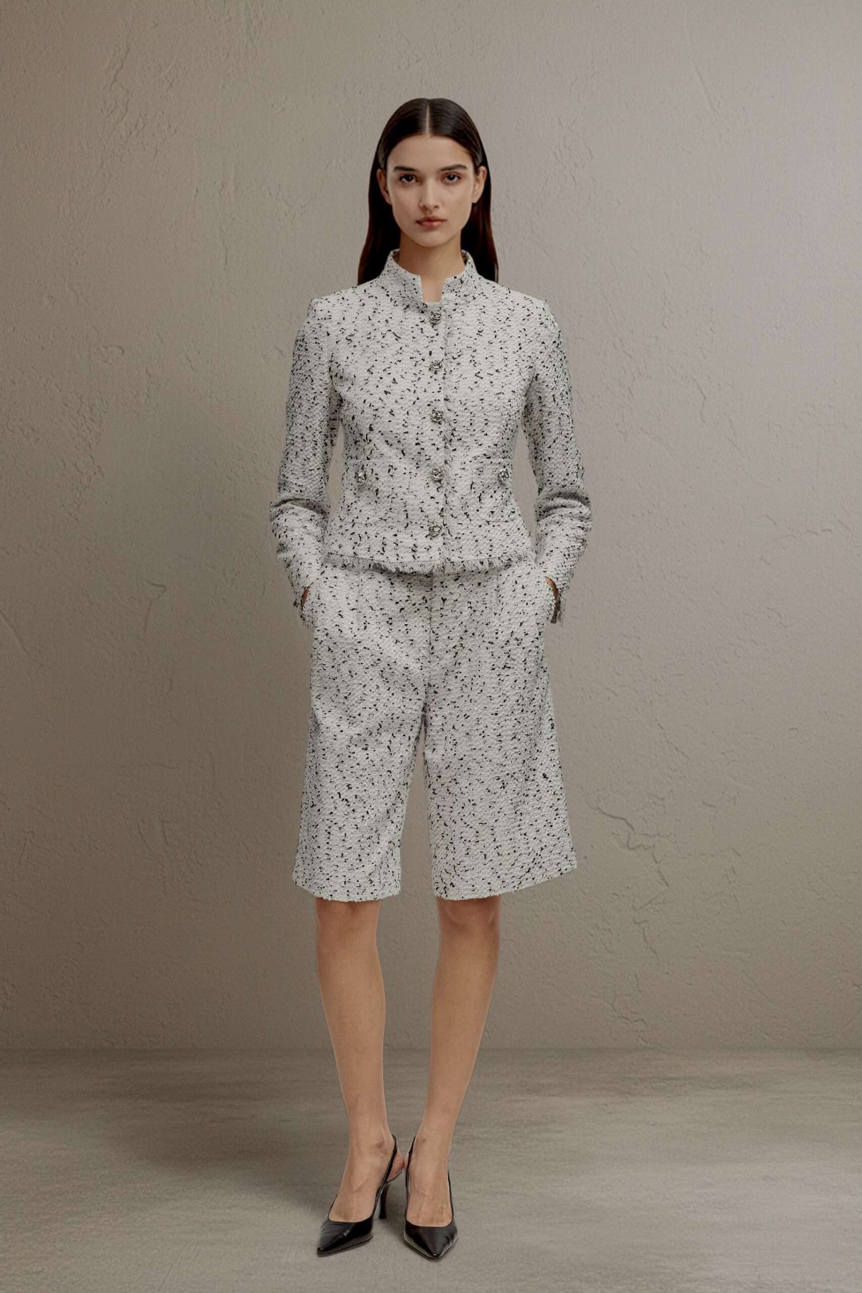 white cotton long-sleeve collared tailored buttoned printed blazer