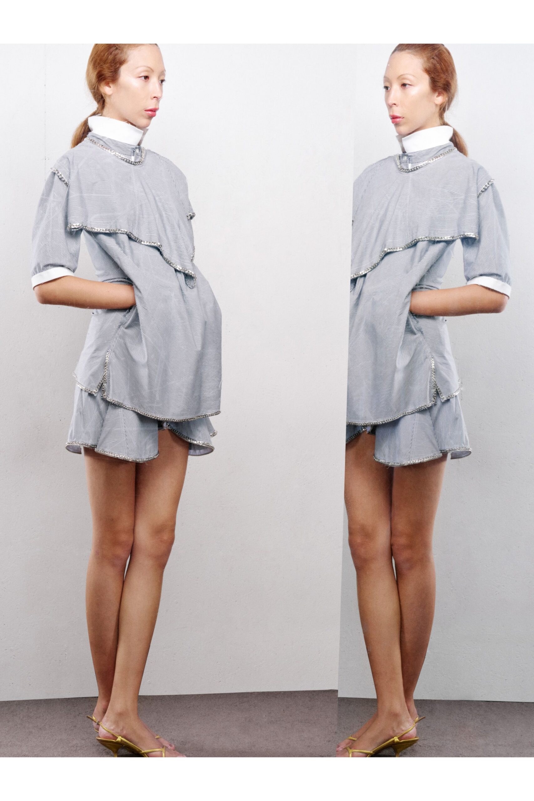 gray layered top with shorts