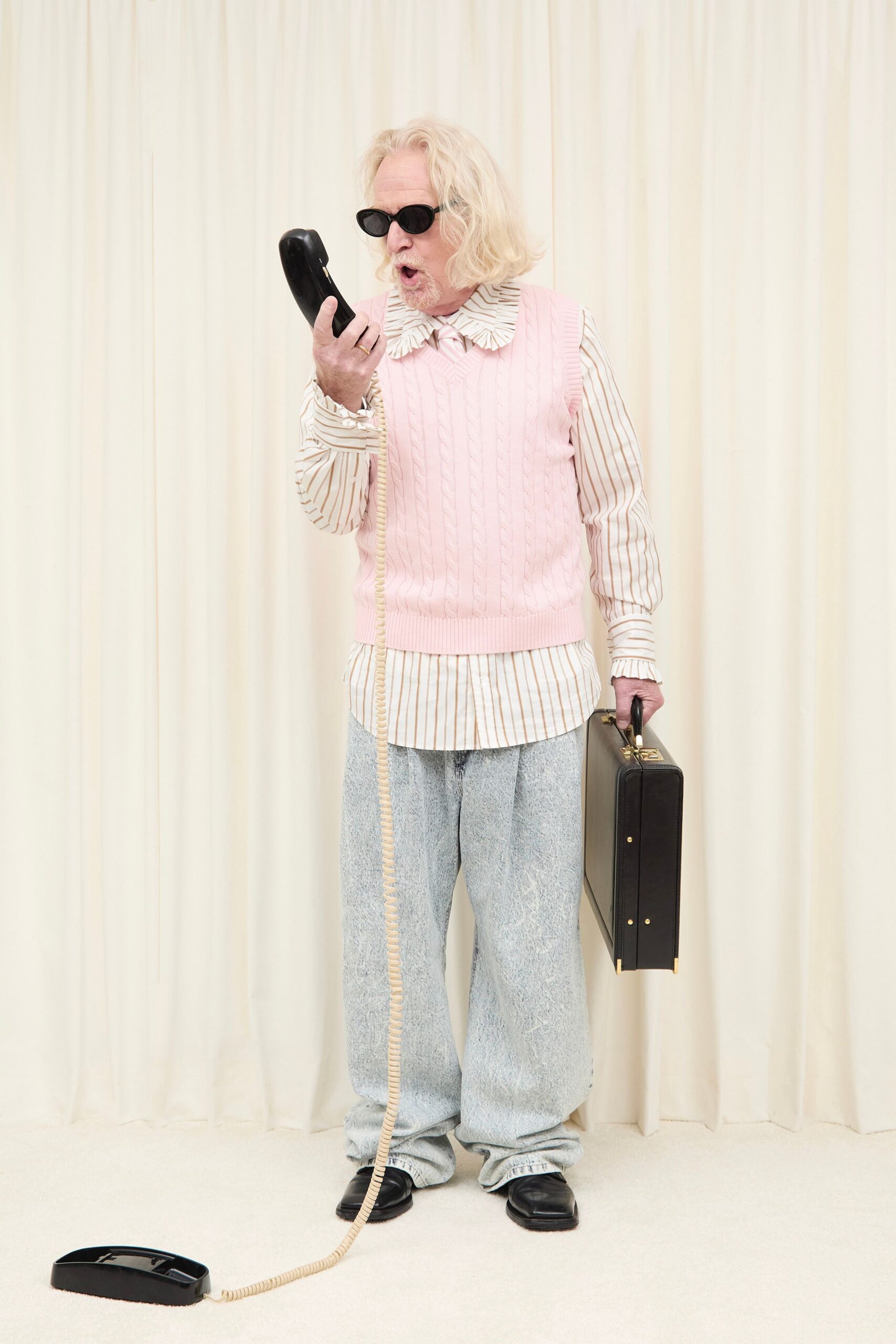 pink sweater white shirt blue pants