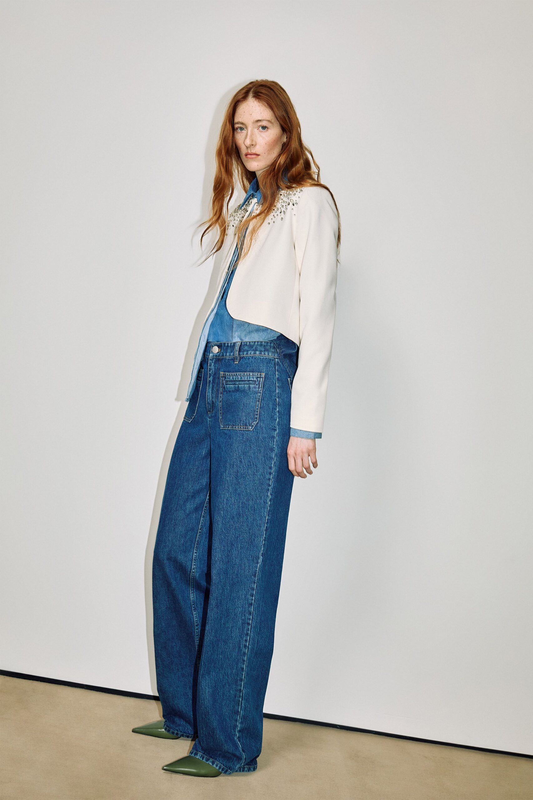 white cotton long-sleeve collared relaxed embroidered jacket