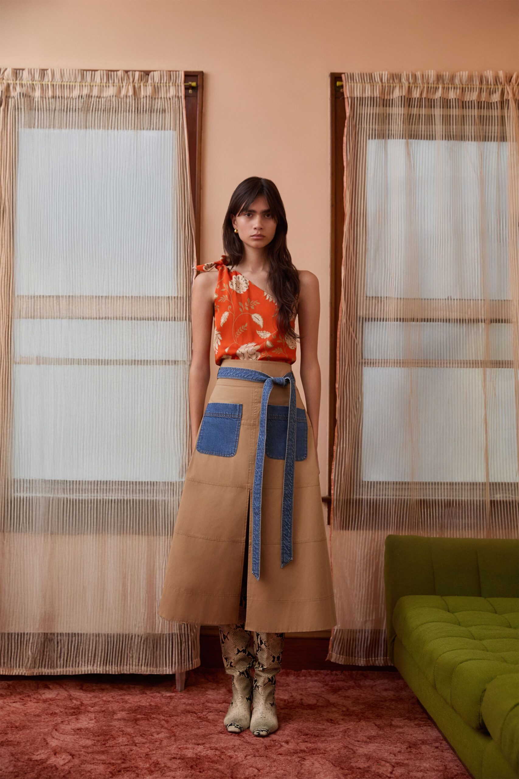 beige denim high-waisted pockets belted skirt