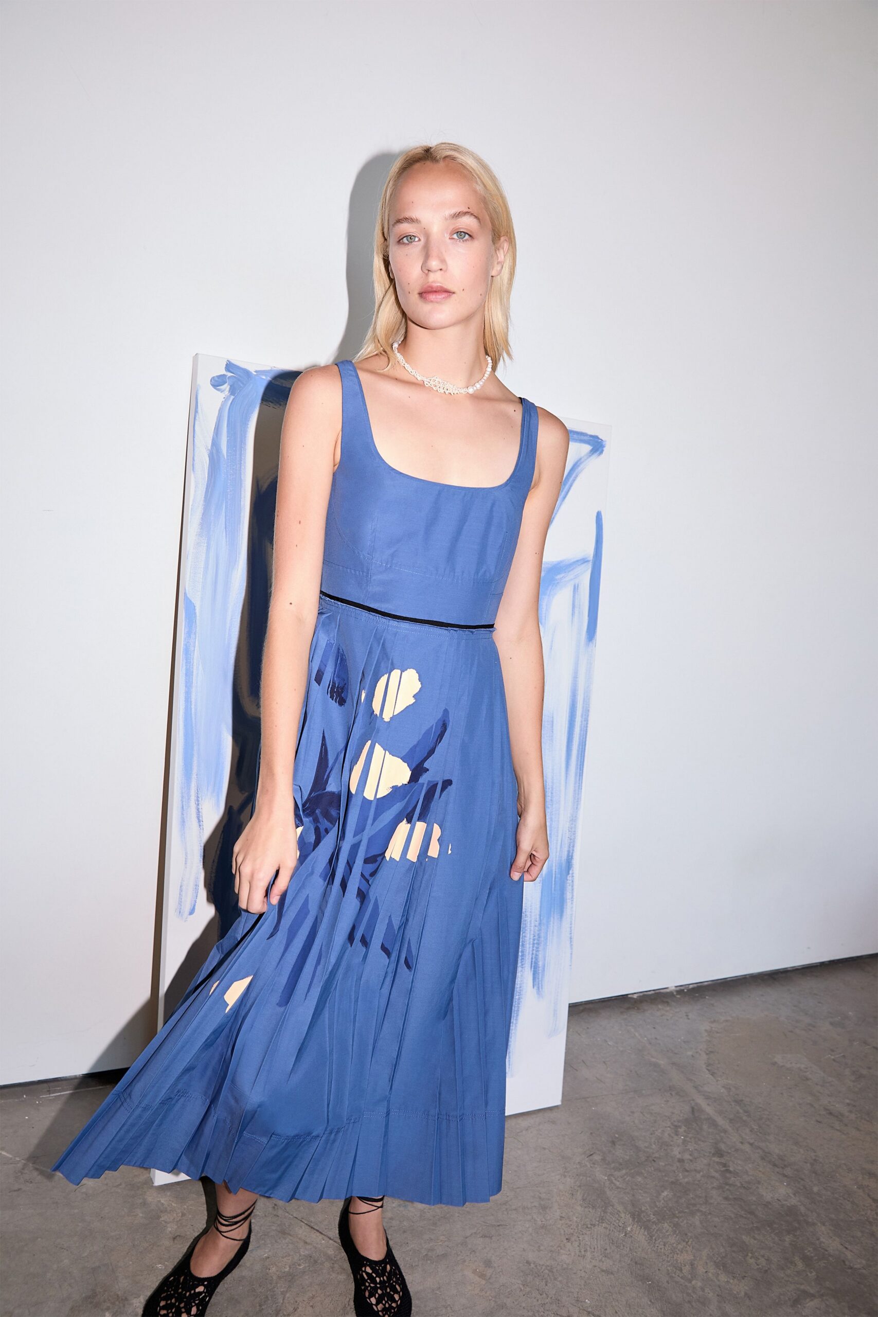 blue pleated midi dress with cutouts