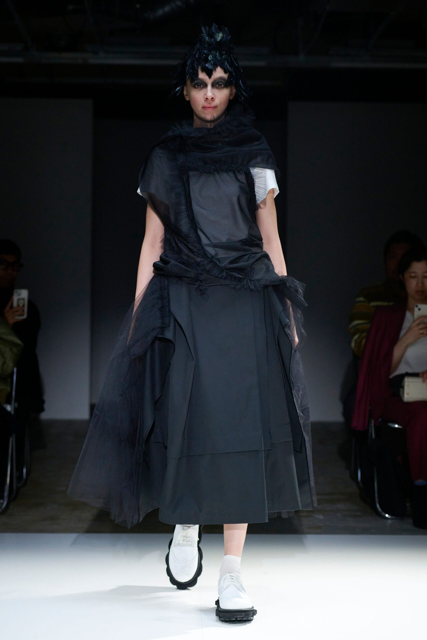 black tulle cape with white top