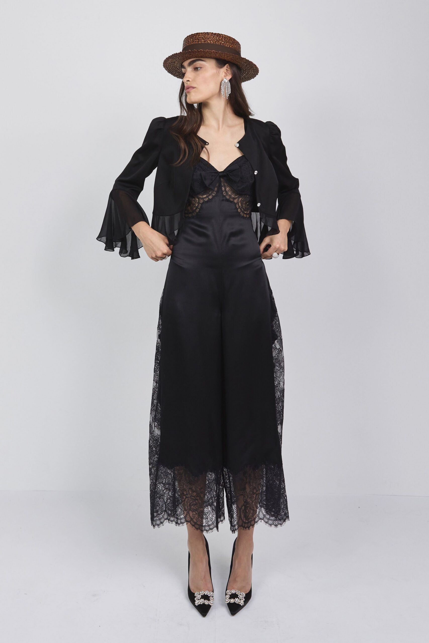 black silk long-sleeve collared fitted ruffled jacket