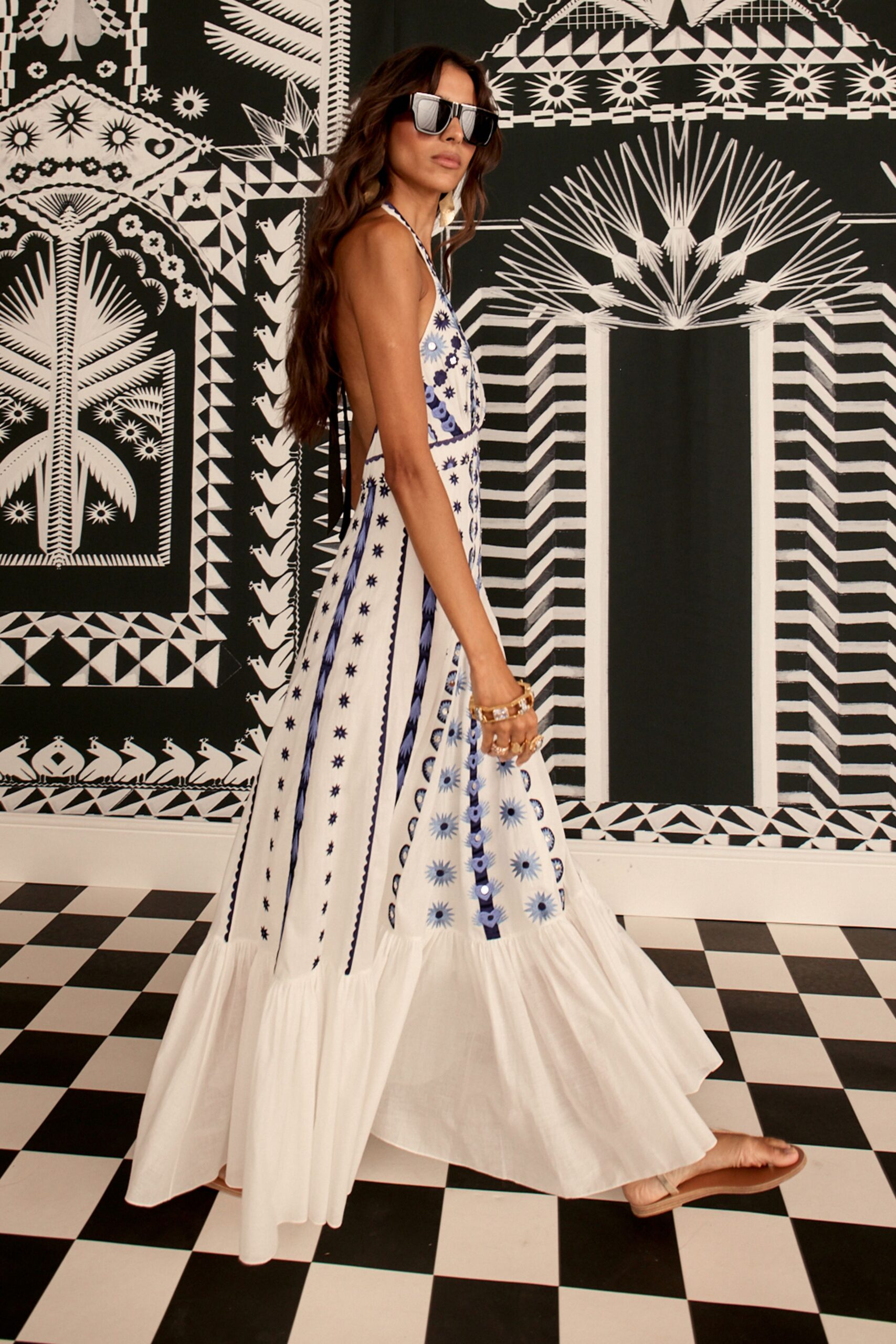 white cotton sleeveless halter fitted embroidered tiered dress
