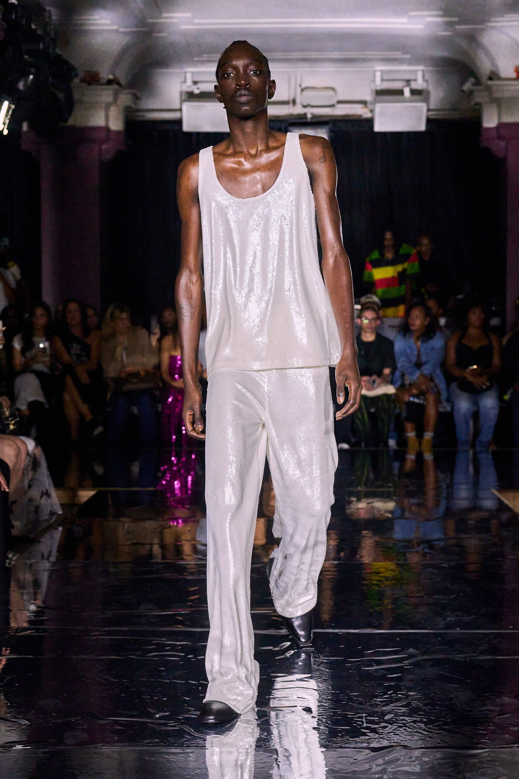 white silk sleeveless high-neck relaxed sheer shiny tank-top