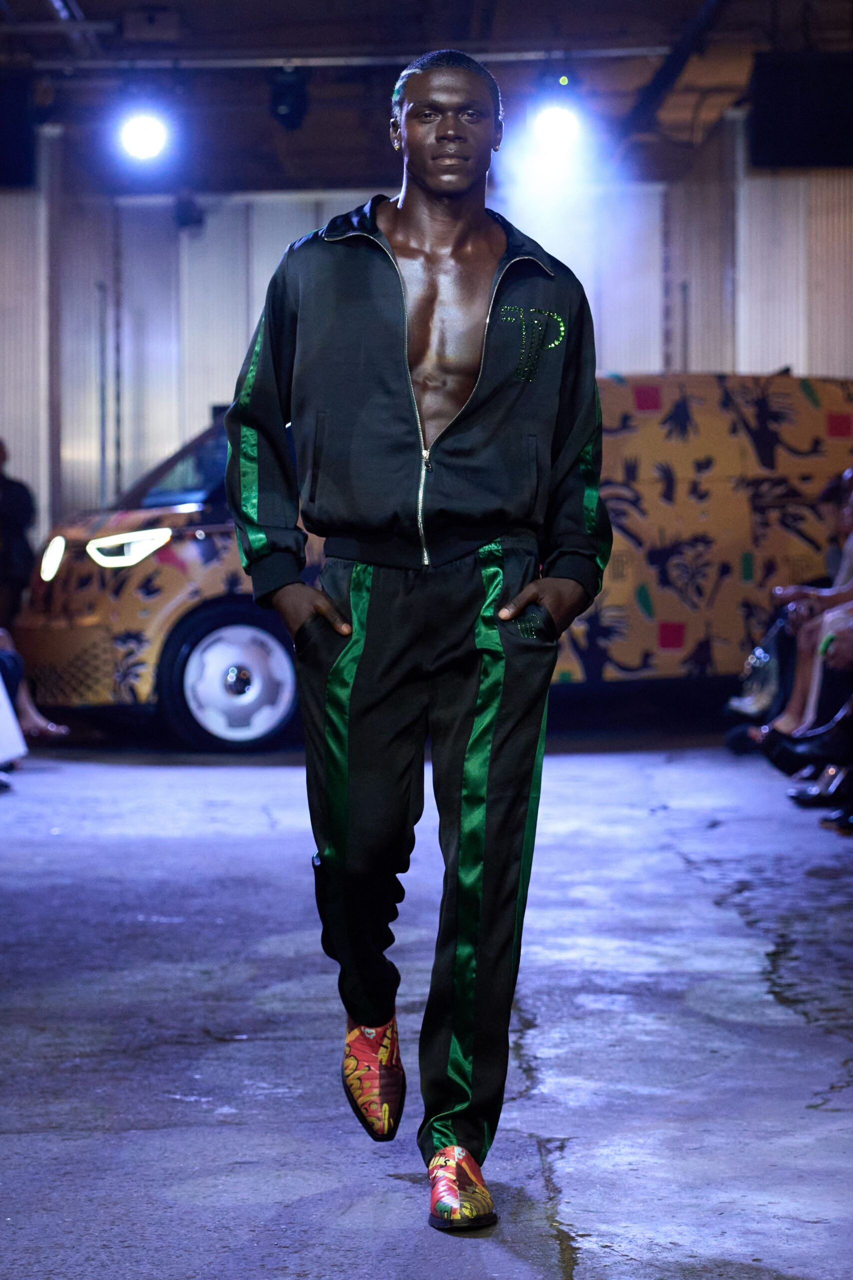 black satin fitted jacket and pants