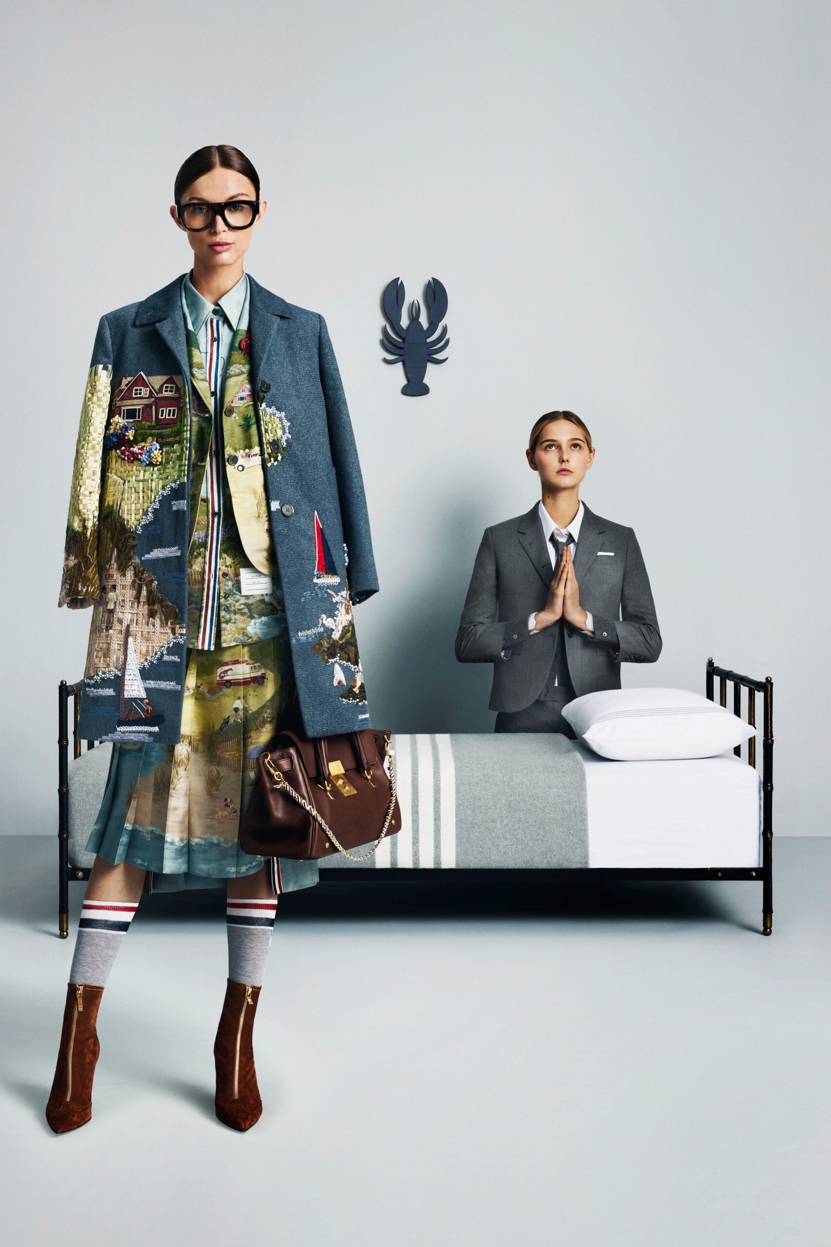 blue wool long-sleeve collared structured embroidered layered coat