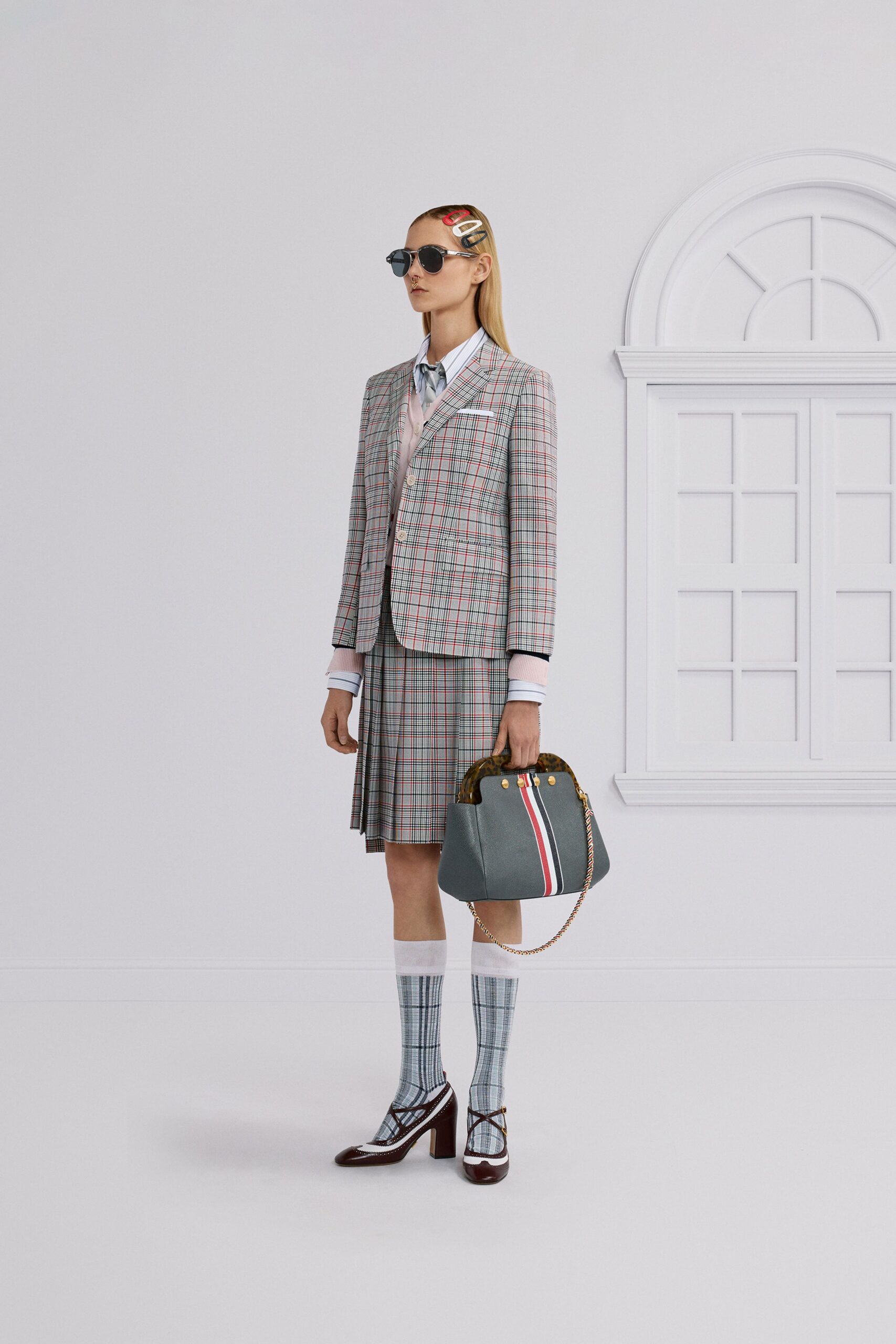 gray cotton fitted pleated mini skirt