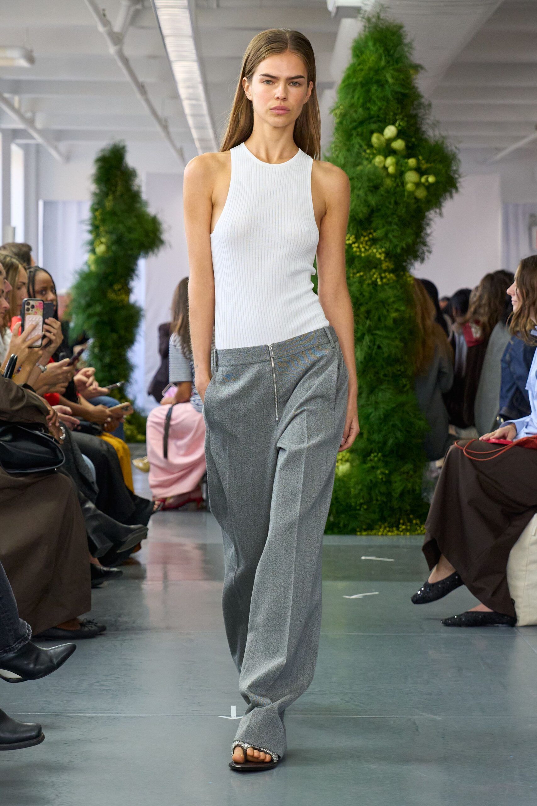 white fitted tank-top gray pants