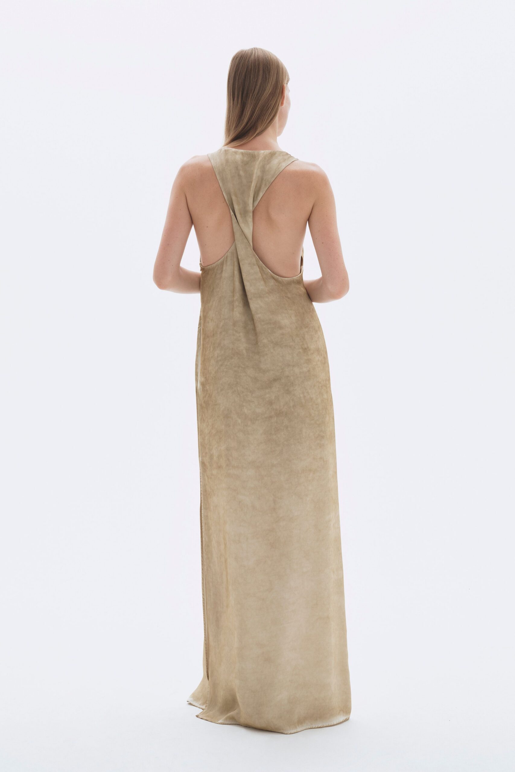 beige velvet backless gown