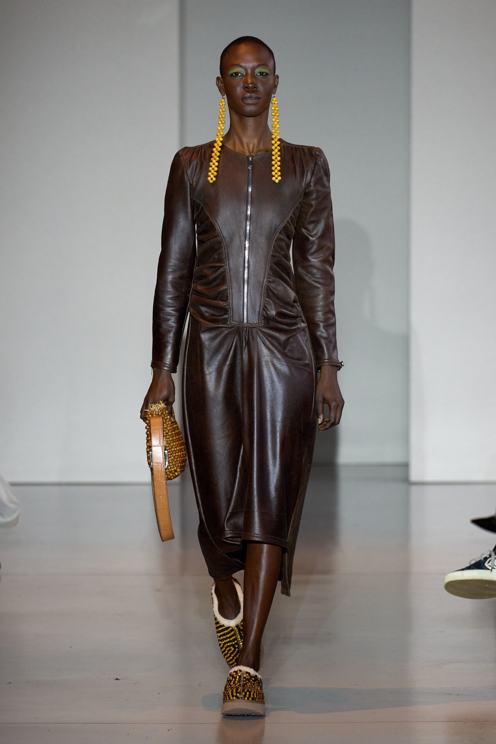 brown leather fitted midi dress