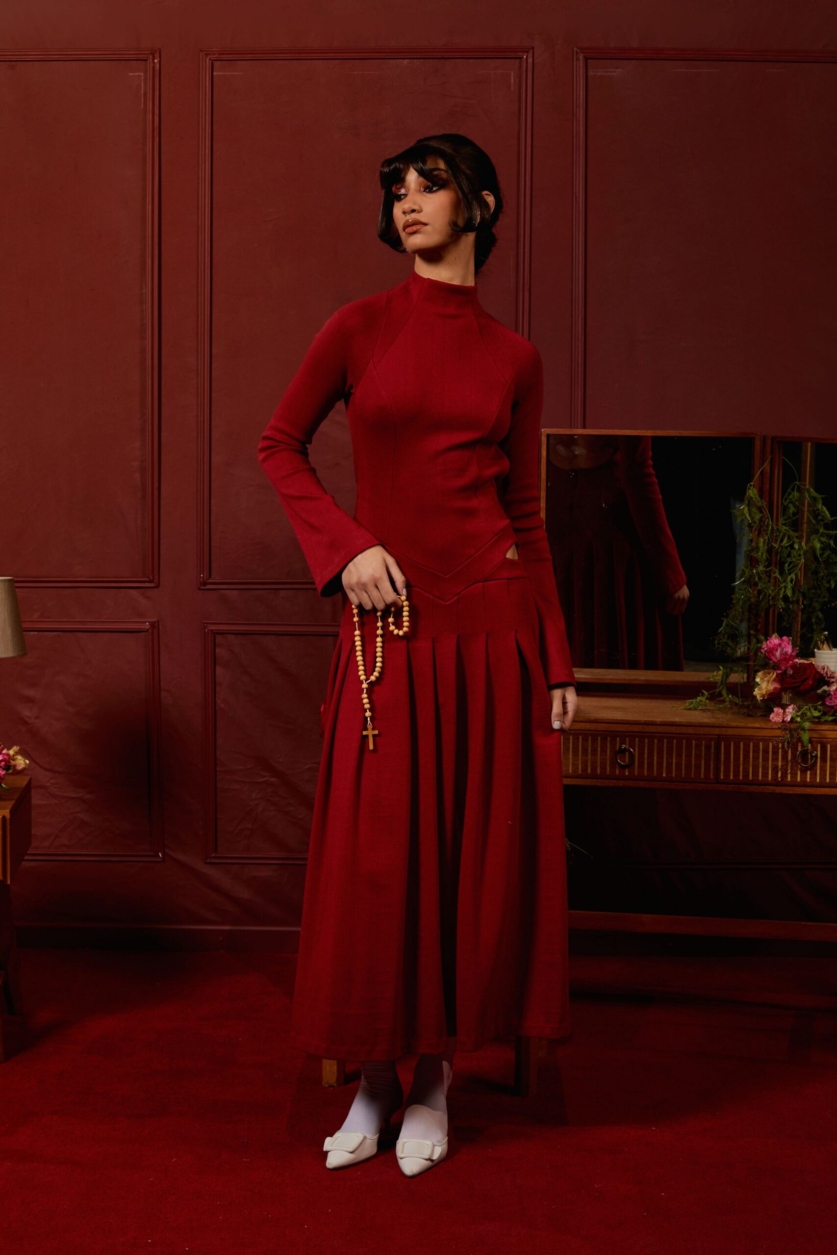 red cotton long-sleeve high-neck fitted pleated maxi dress