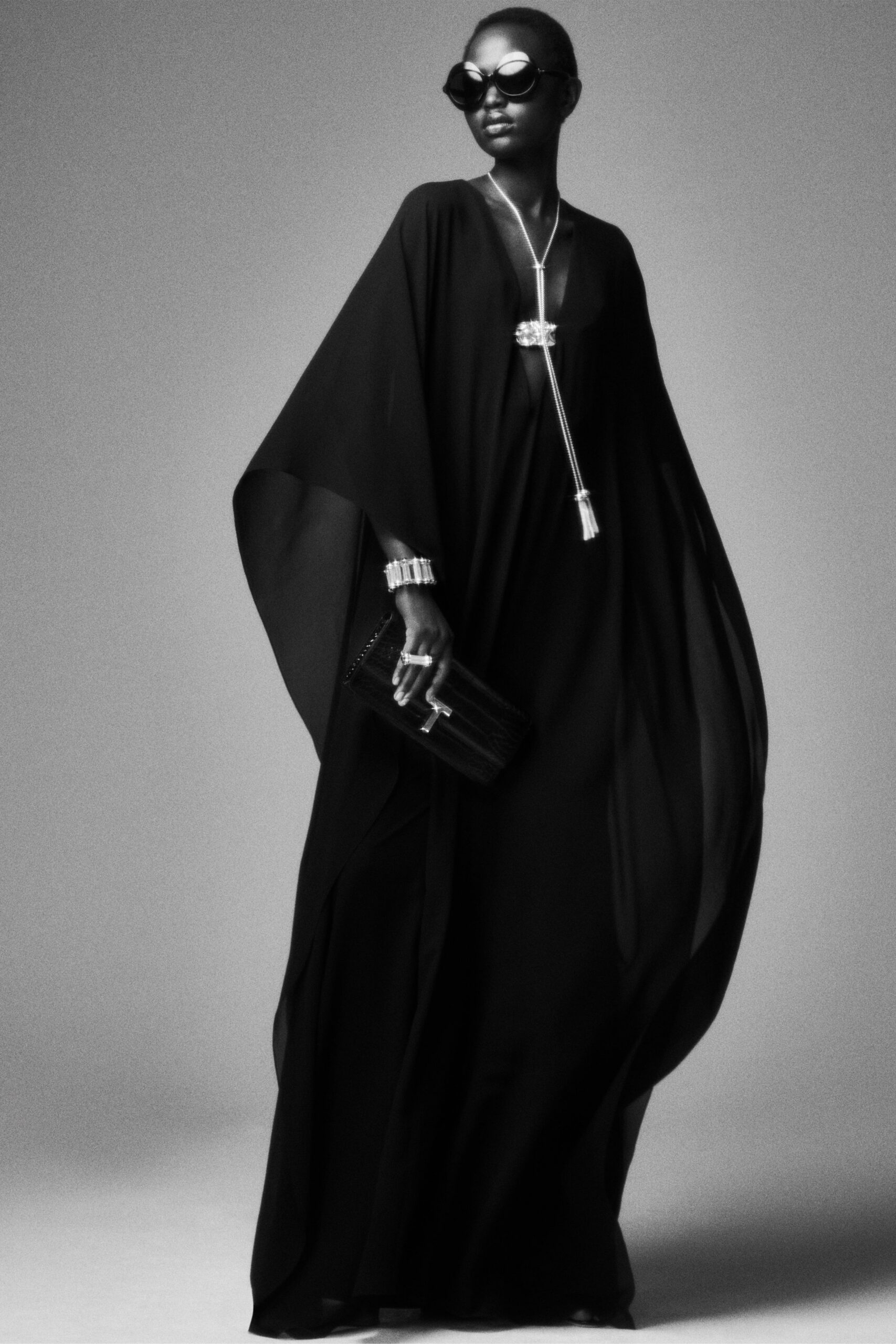 black silk sleeveless v-neck relaxed draped flowing gown