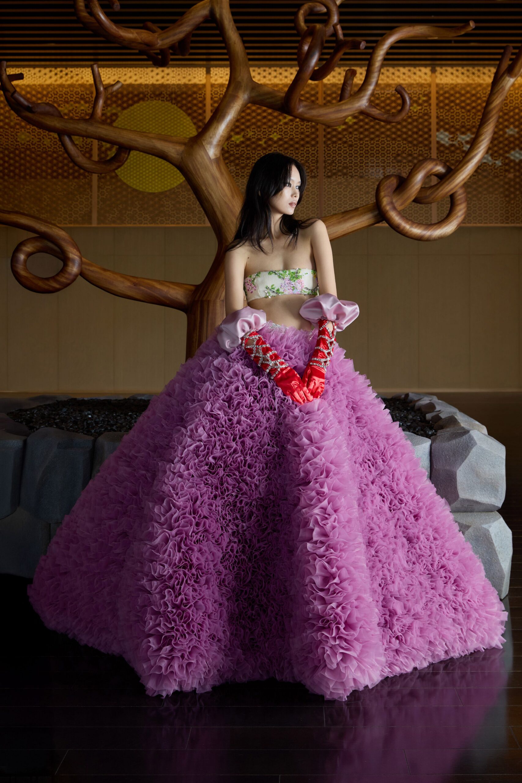 pink tulle sleeveless off-shoulder fitted ruffled flowing gown