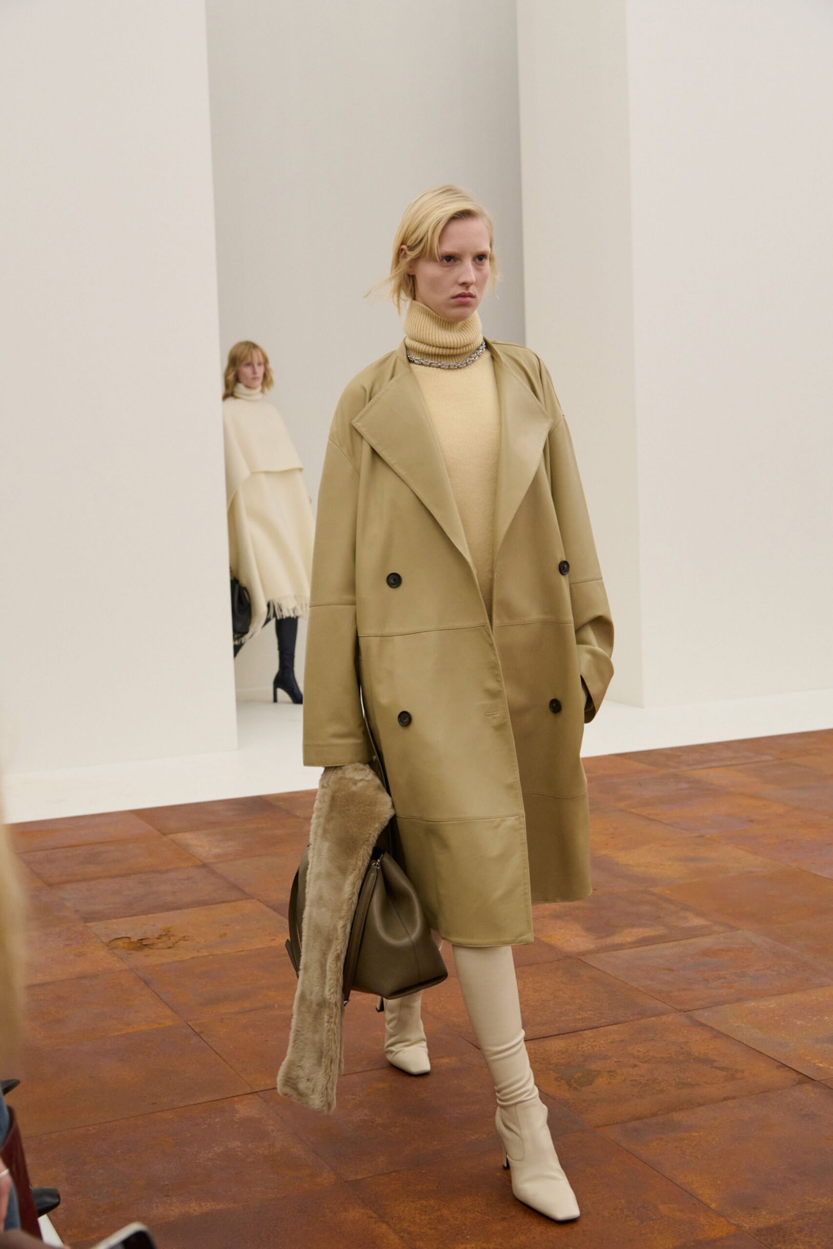 beige vinyl long-sleeve collared relaxed coat