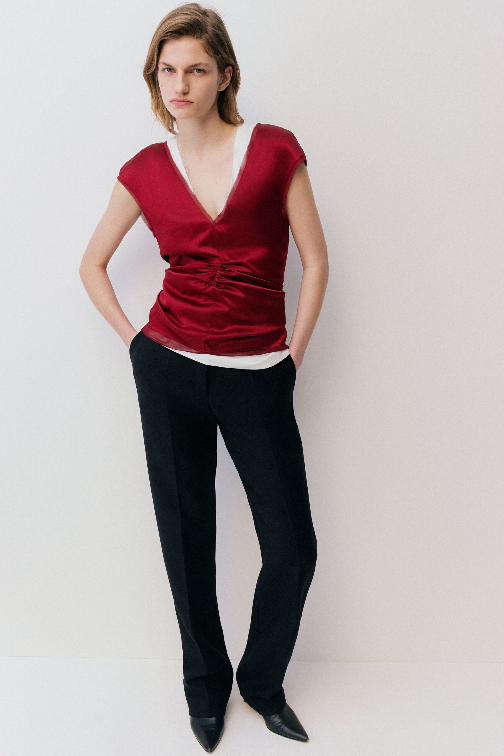 red silk short-sleeve v-neck fitted ruched top