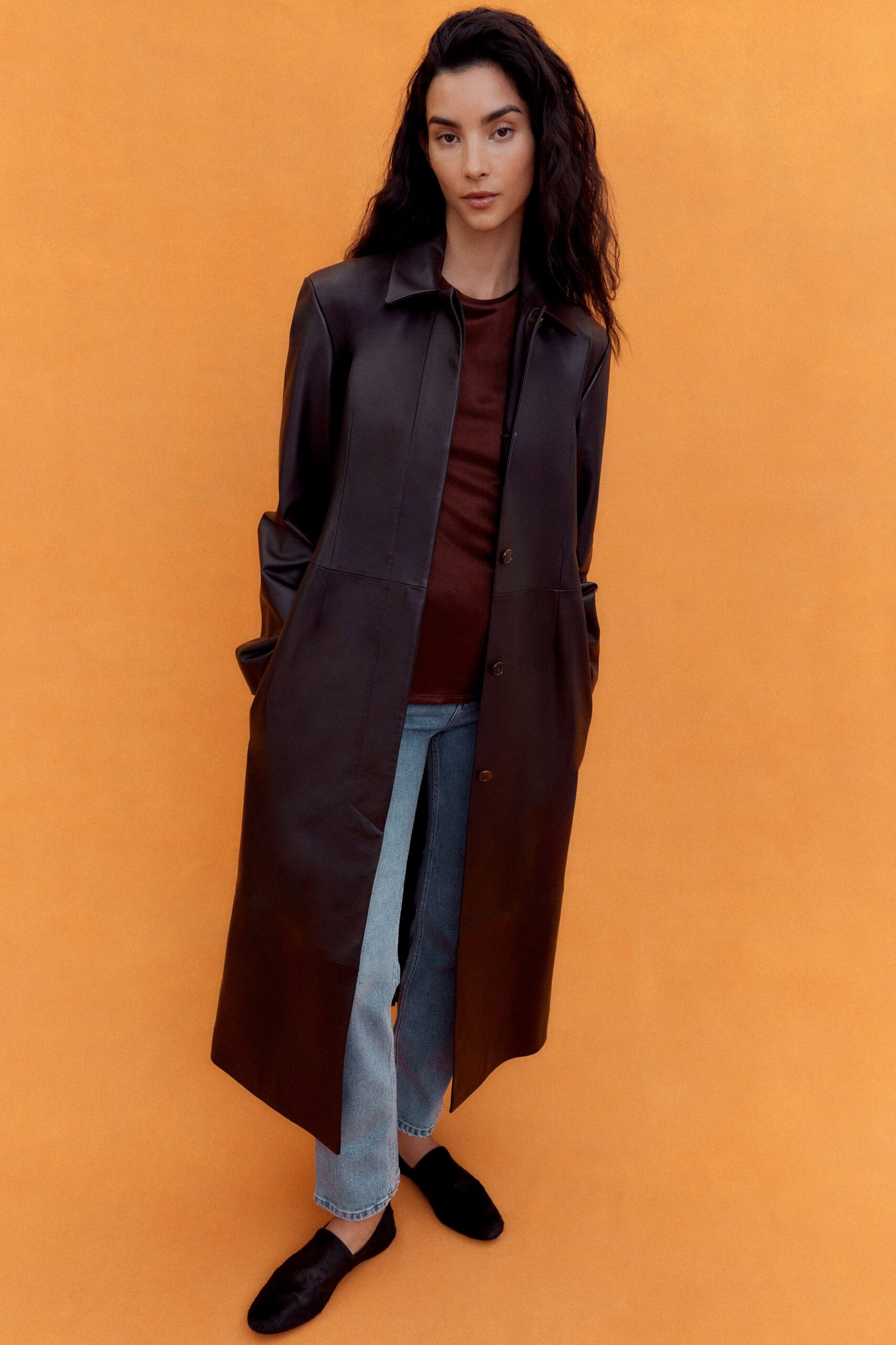 brown leather long-sleeve collared relaxed buttoned midi coat