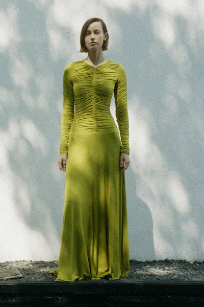 fitted green silk gown