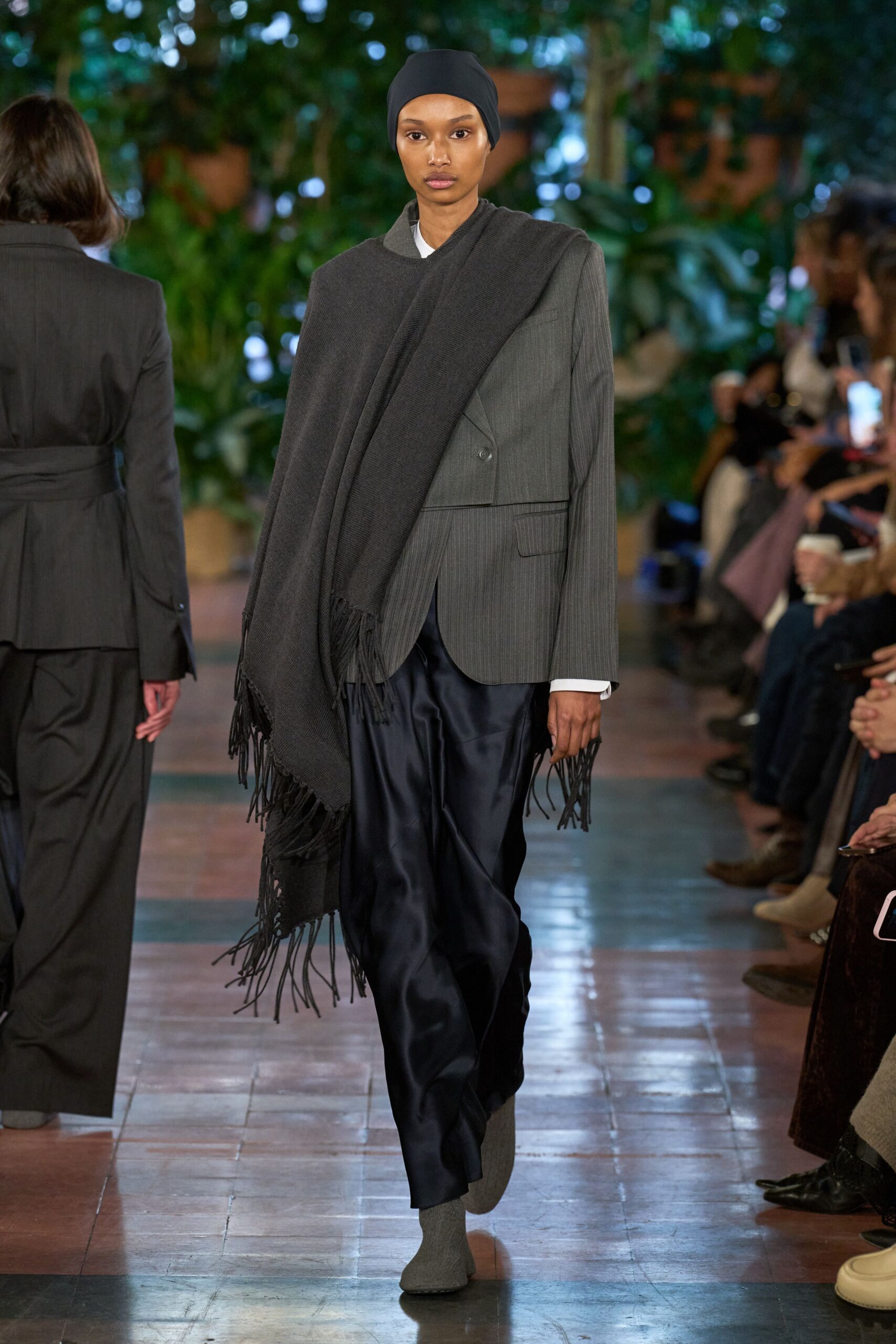 gray wool blazer with scarf