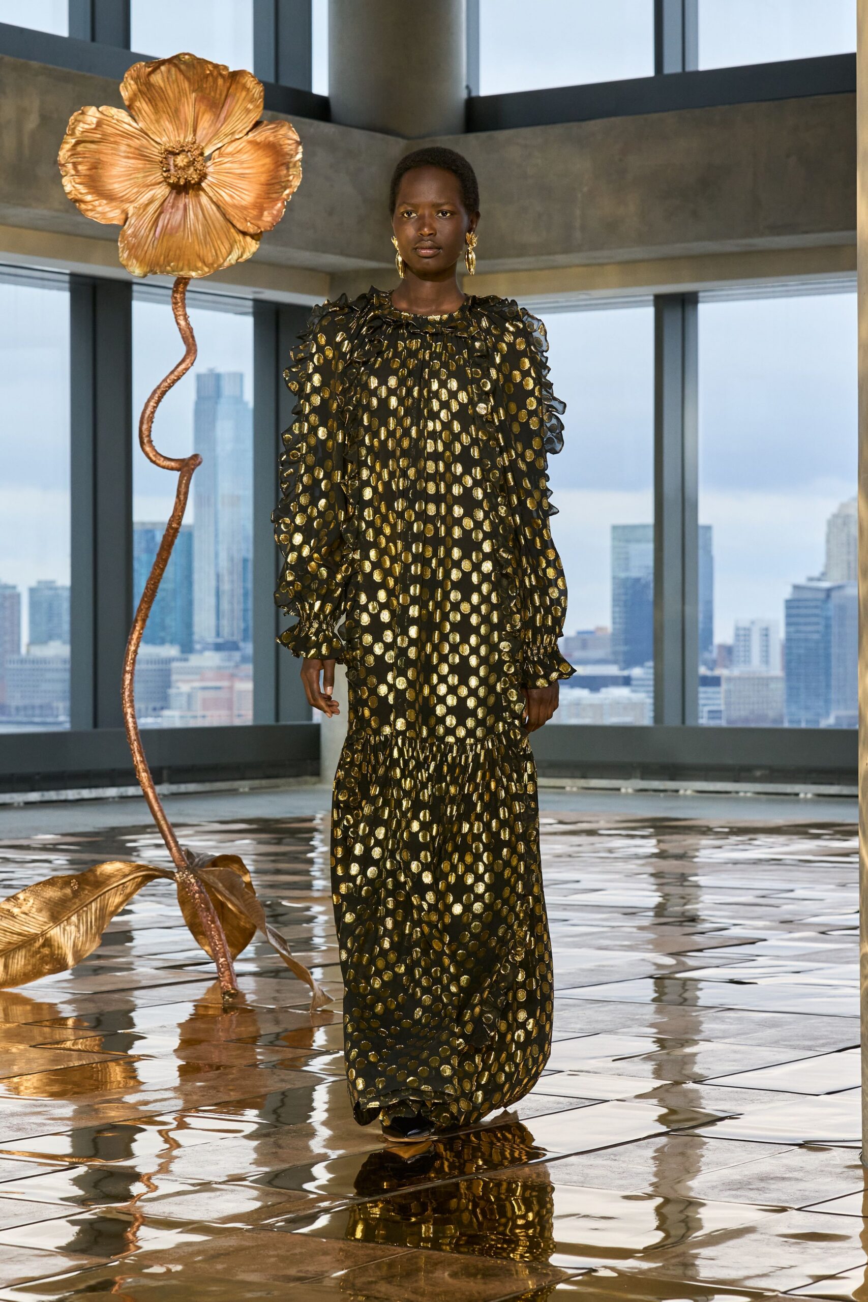 black and gold polka-dot dress