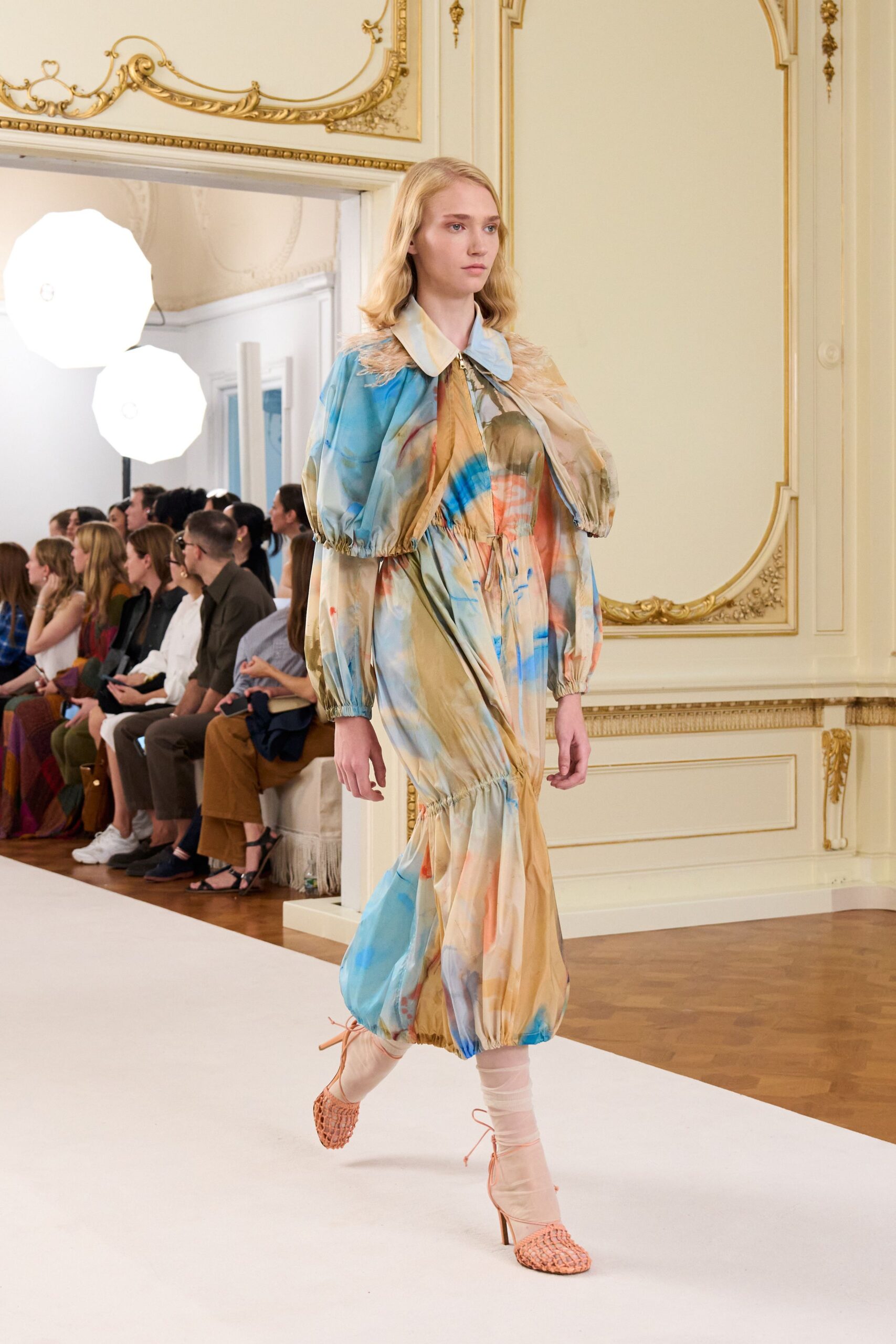 blue silk long-sleeve collared relaxed pleated draped dress