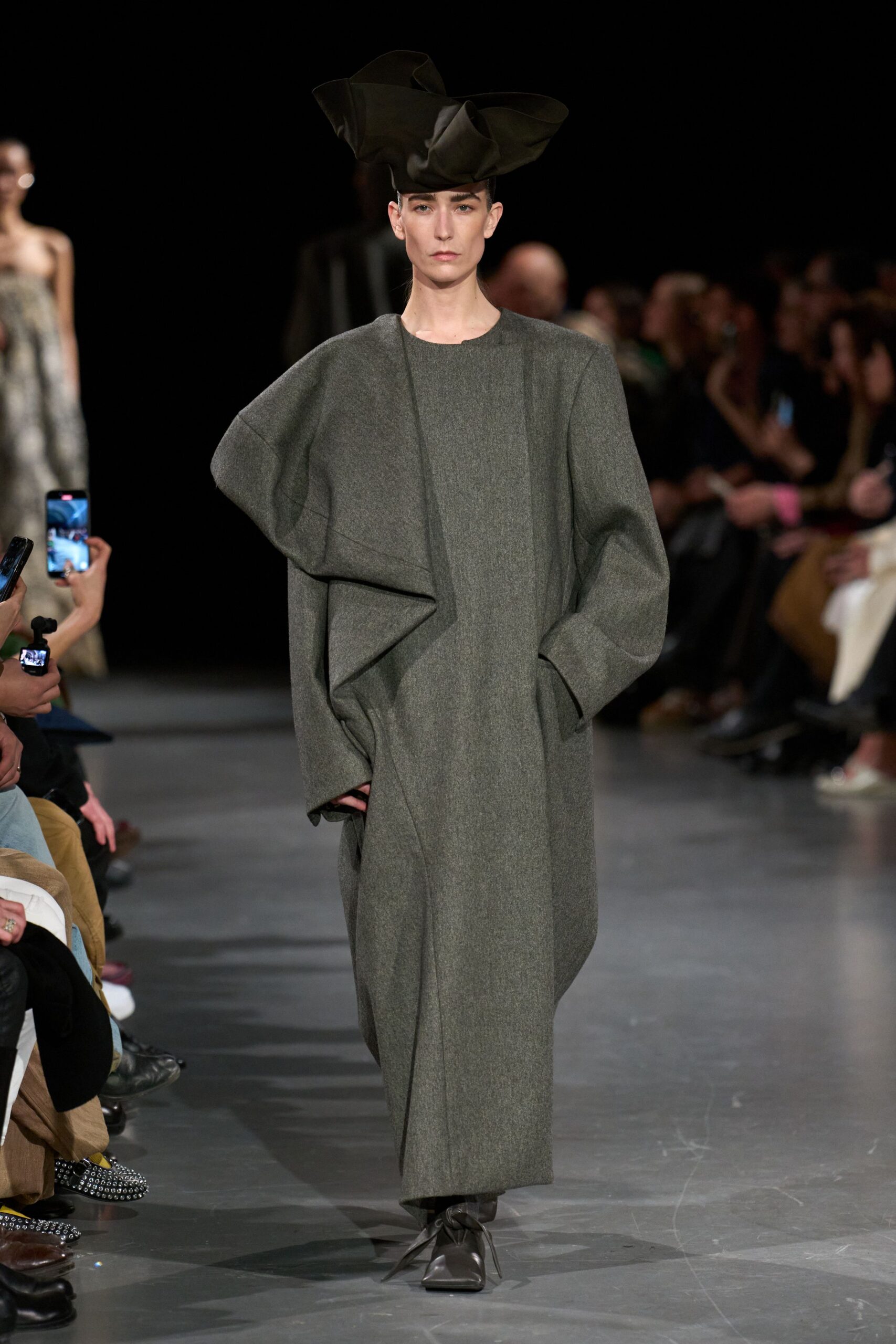 gray wool long-sleeve collared relaxed draped pockets dress