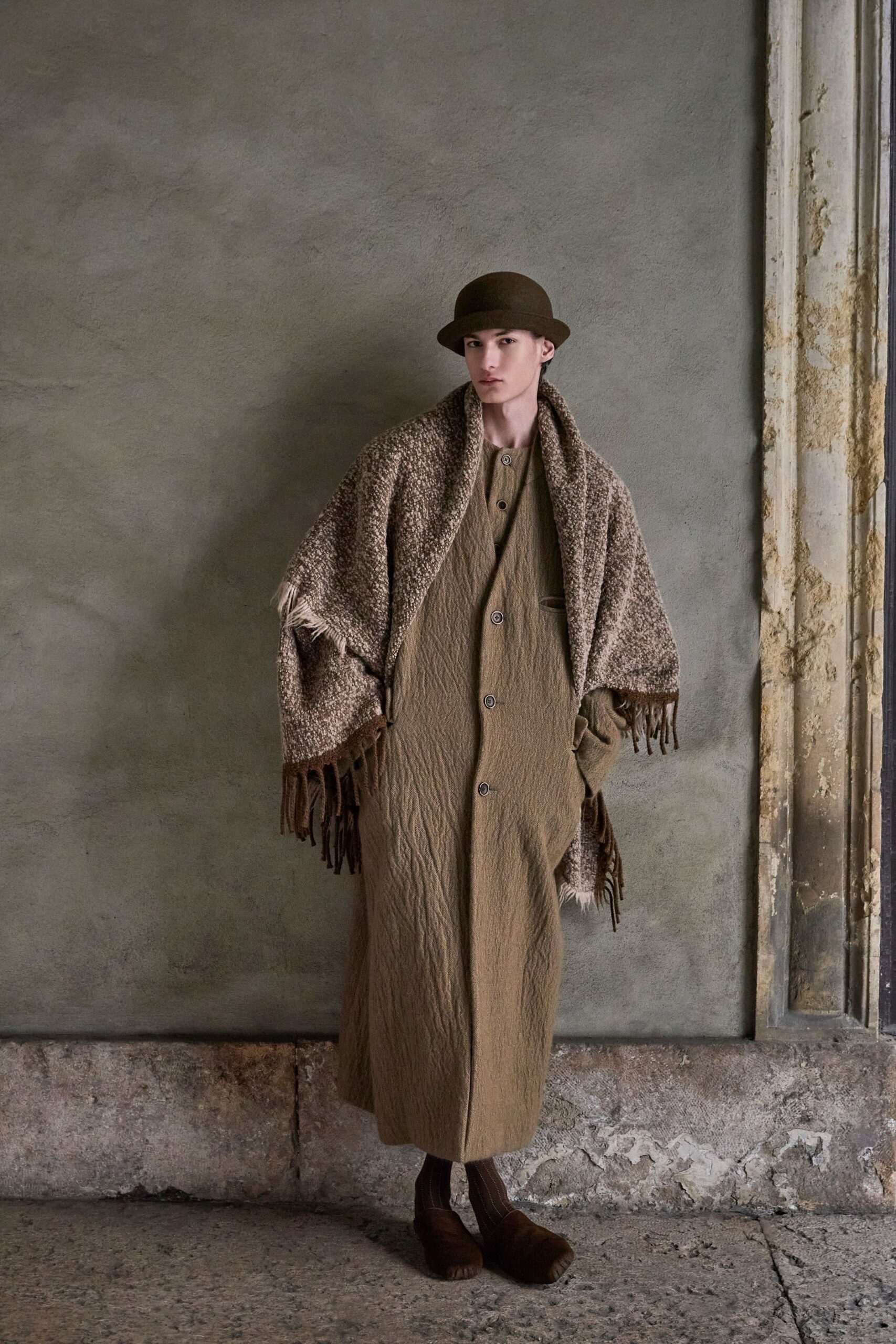 beige wool oversized fringed cape