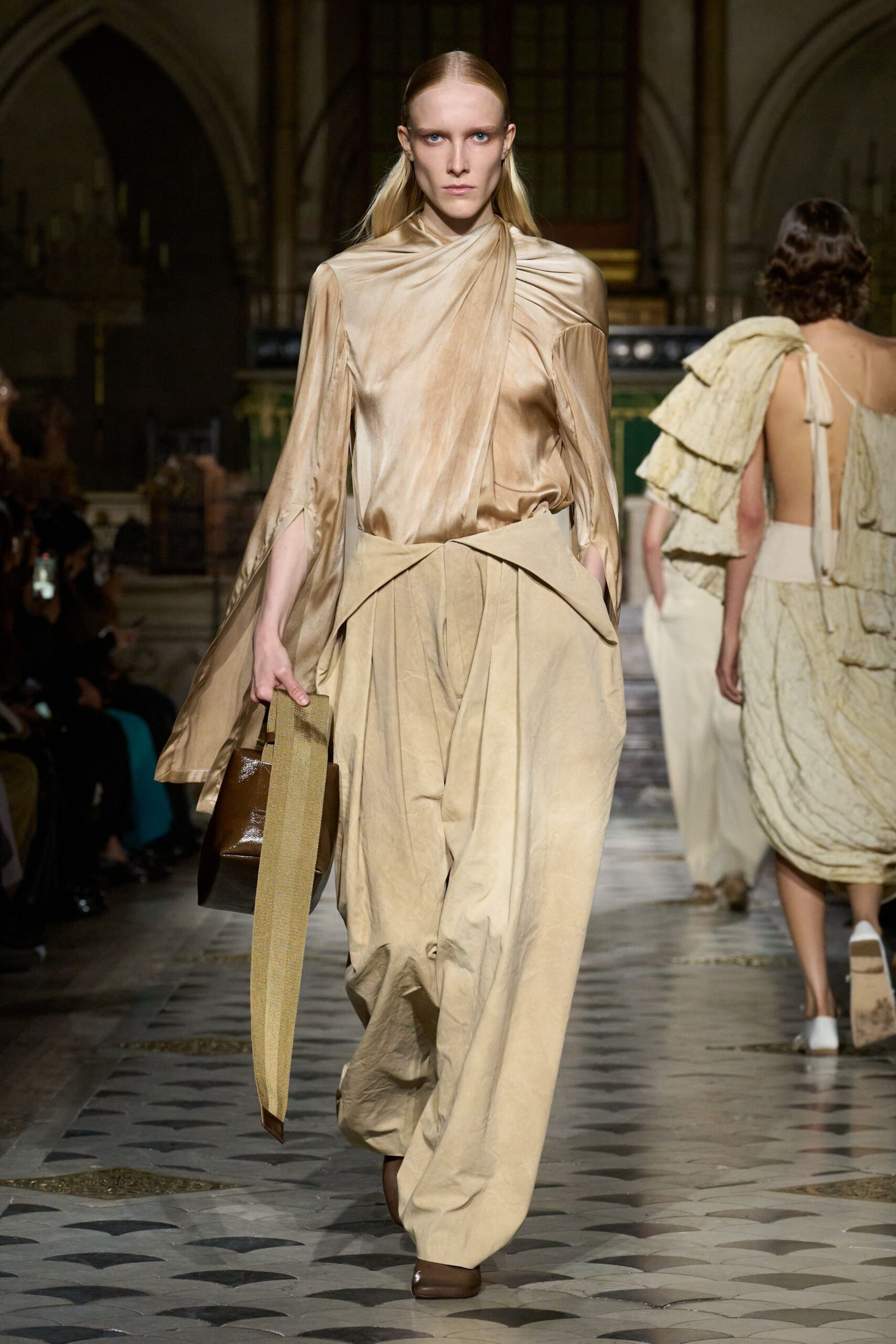 beige silk long-sleeve v-neck relaxed draped top