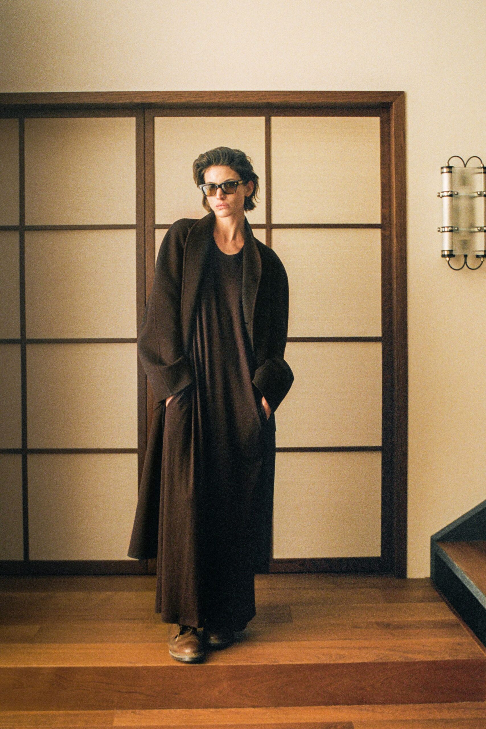 brown cotton long-sleeve relaxed draped coat