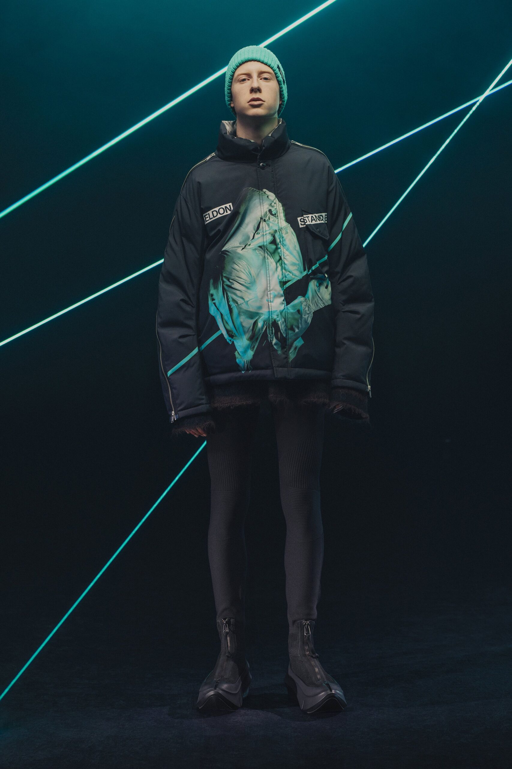 black cotton long-sleeve collared oversized printed jacket